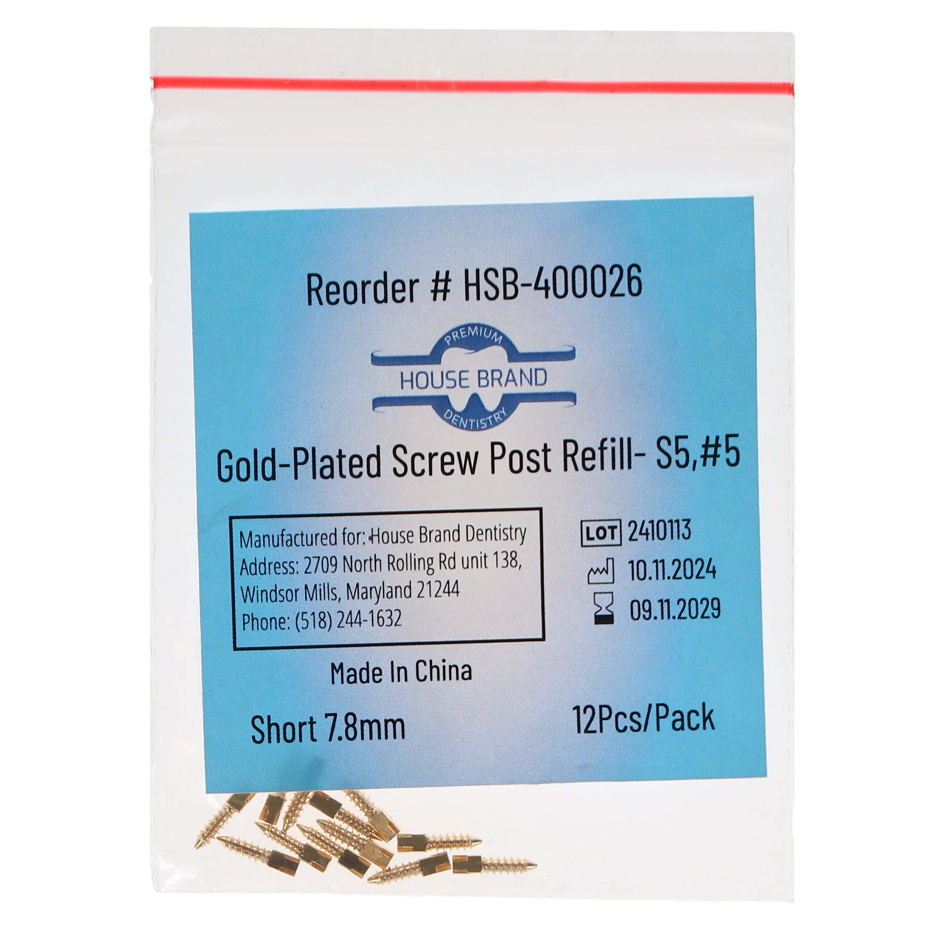 House Brand Dentistry 400026 HSB Gold Plated Screw Posts S5 #5 Short 7.8mm 12/Pk