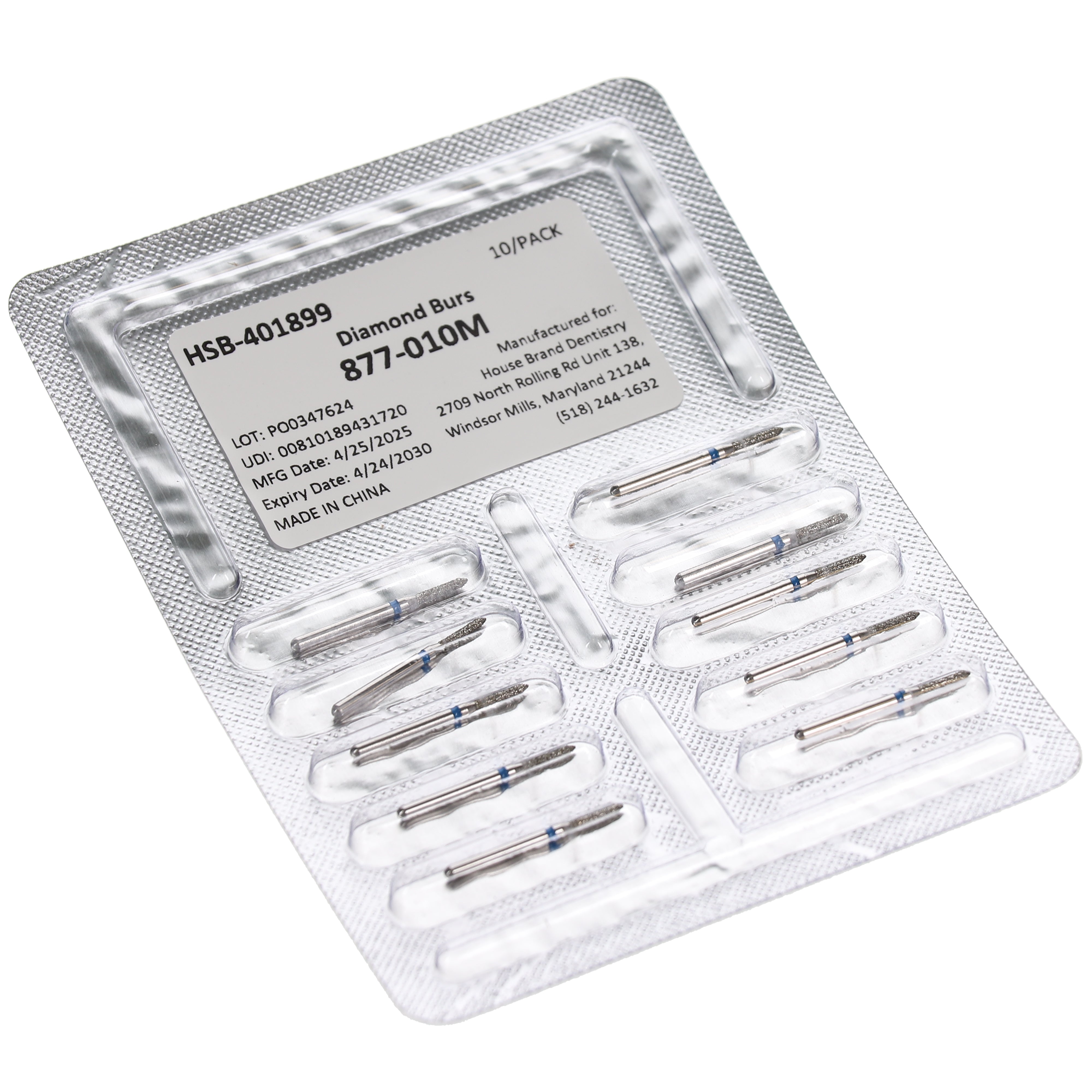 House Brand Dentistry 401899 HSB FG 877-010M Beveled Cylinder Medium Grit Diamond Burs 10/Pk