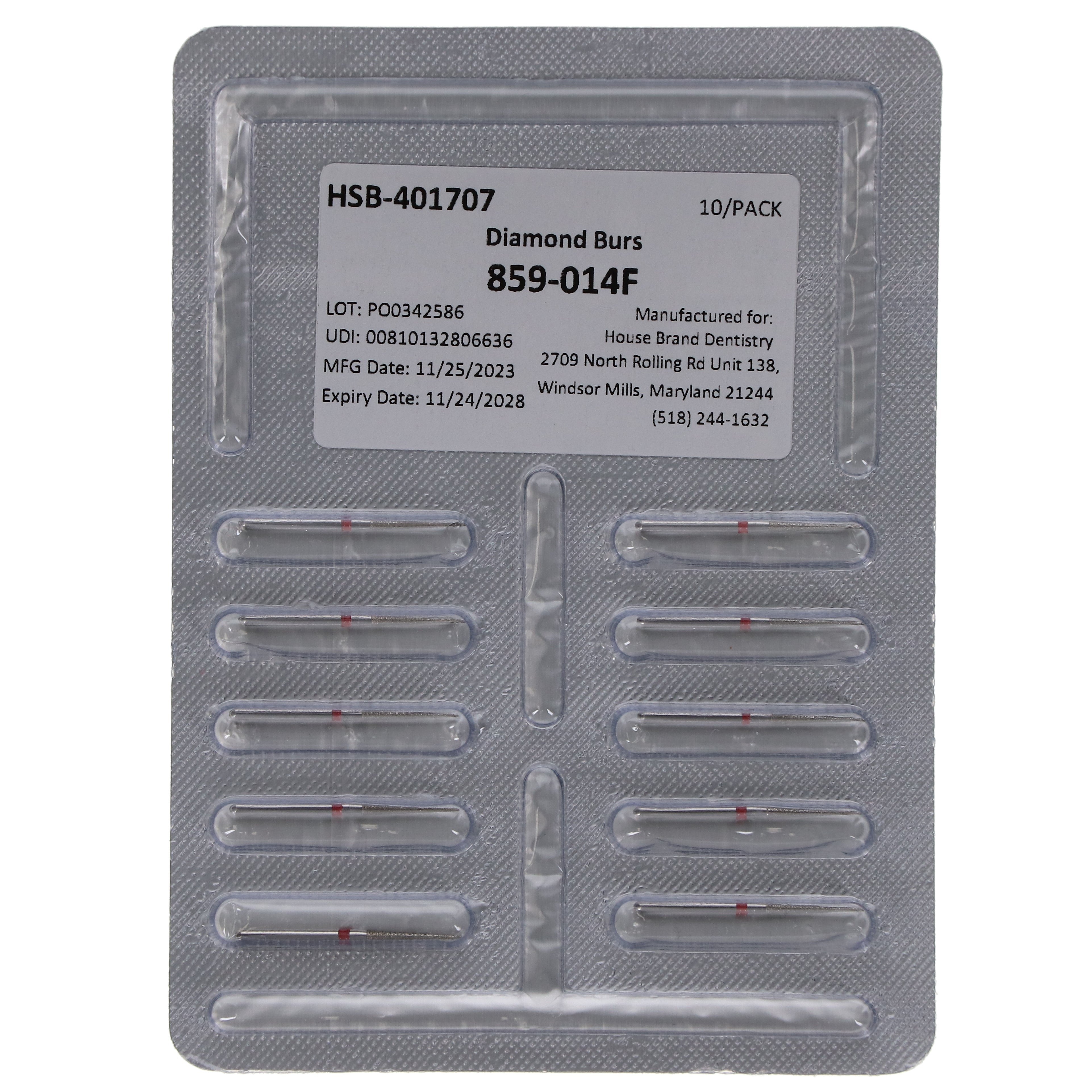 House Brand Dentistry 401707 FG 859-014F Needle Fine Grit Diamond Burs 10/Pk