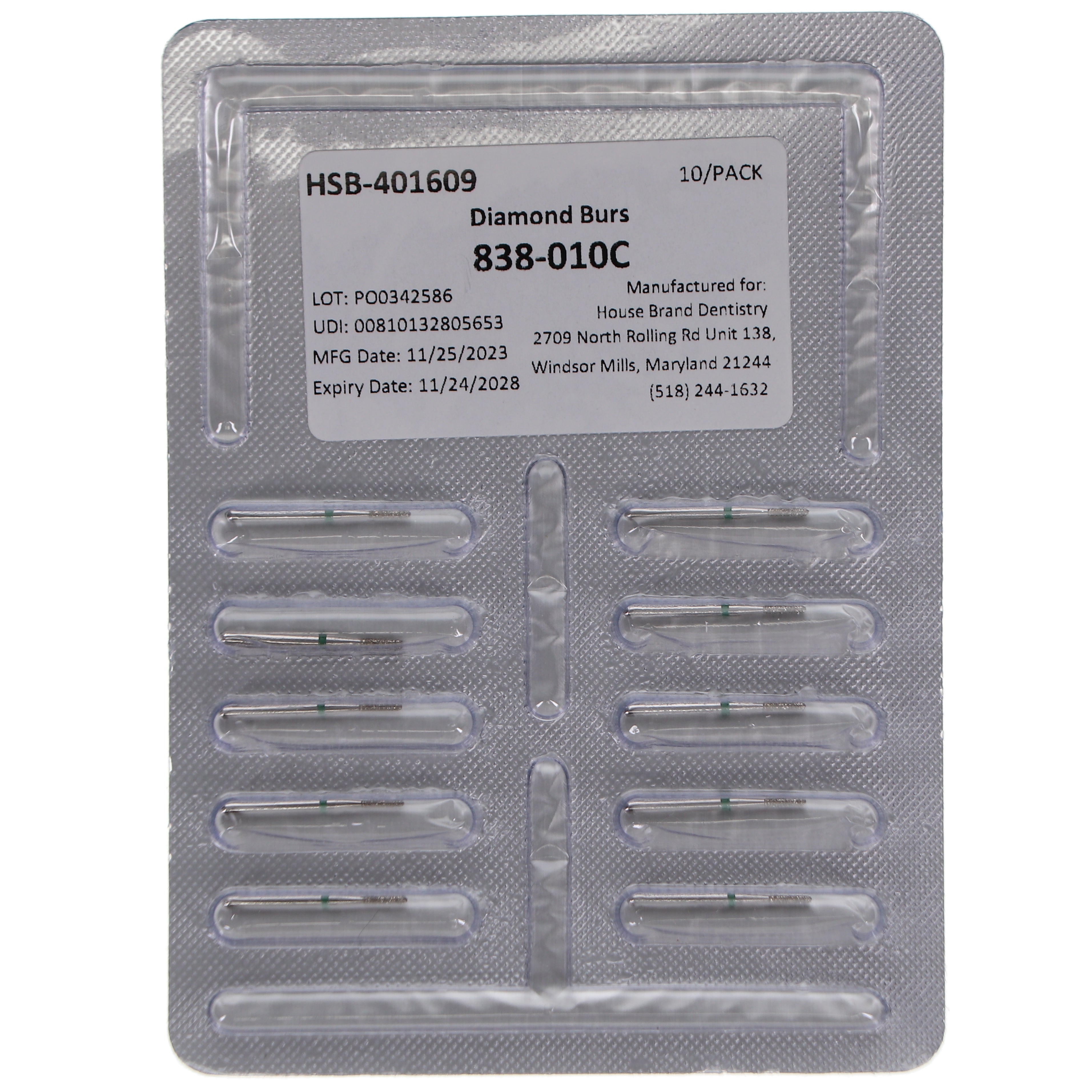 House Brand Dentistry 401609 HSB FG 838-010C Round End Cylinder Coarse Grit Diamond Burs 10/Pk