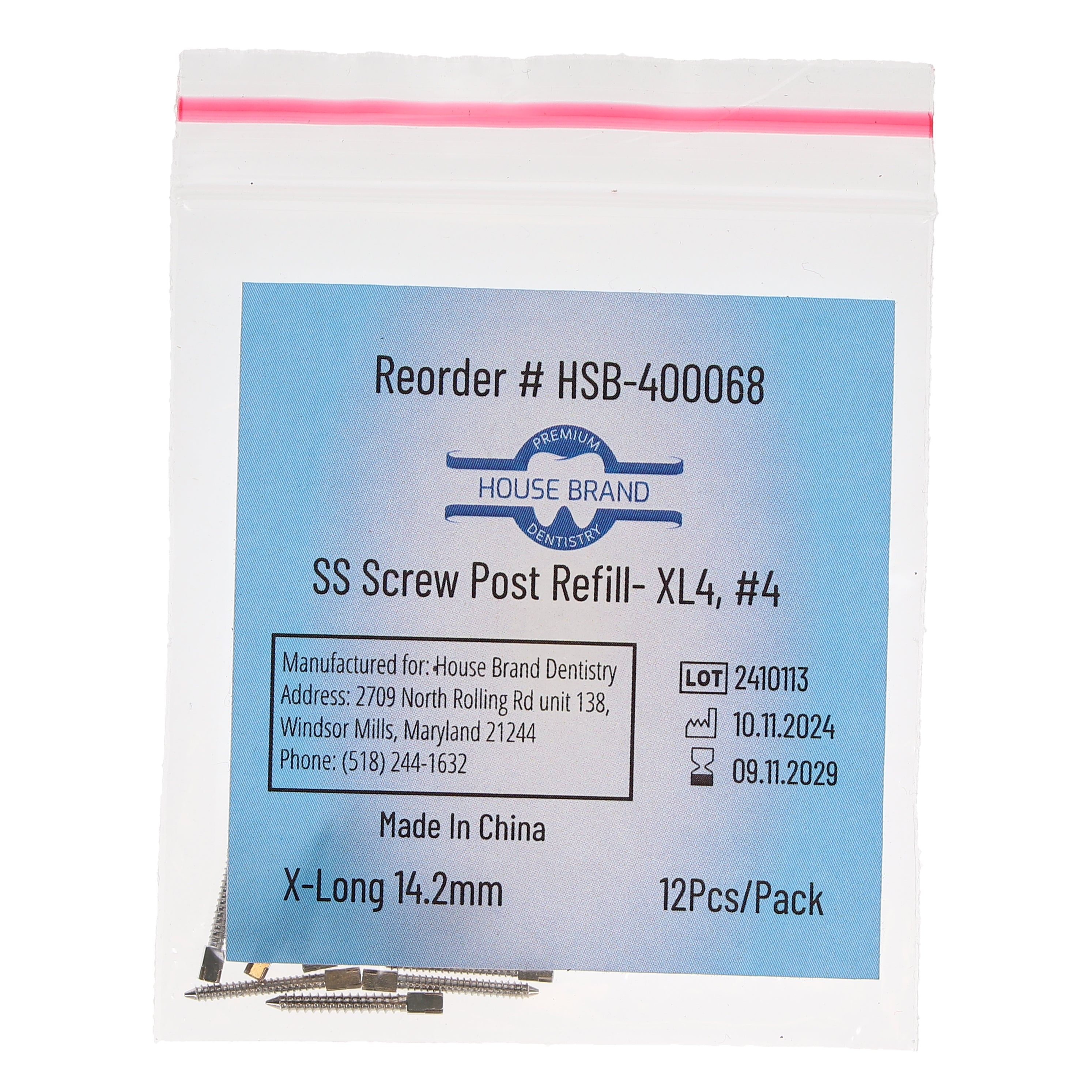 House Brand Dentistry 400068 HSB Screw Posts XL4 #4 X-Long 14.2mm Stainless Steel 12/Pk