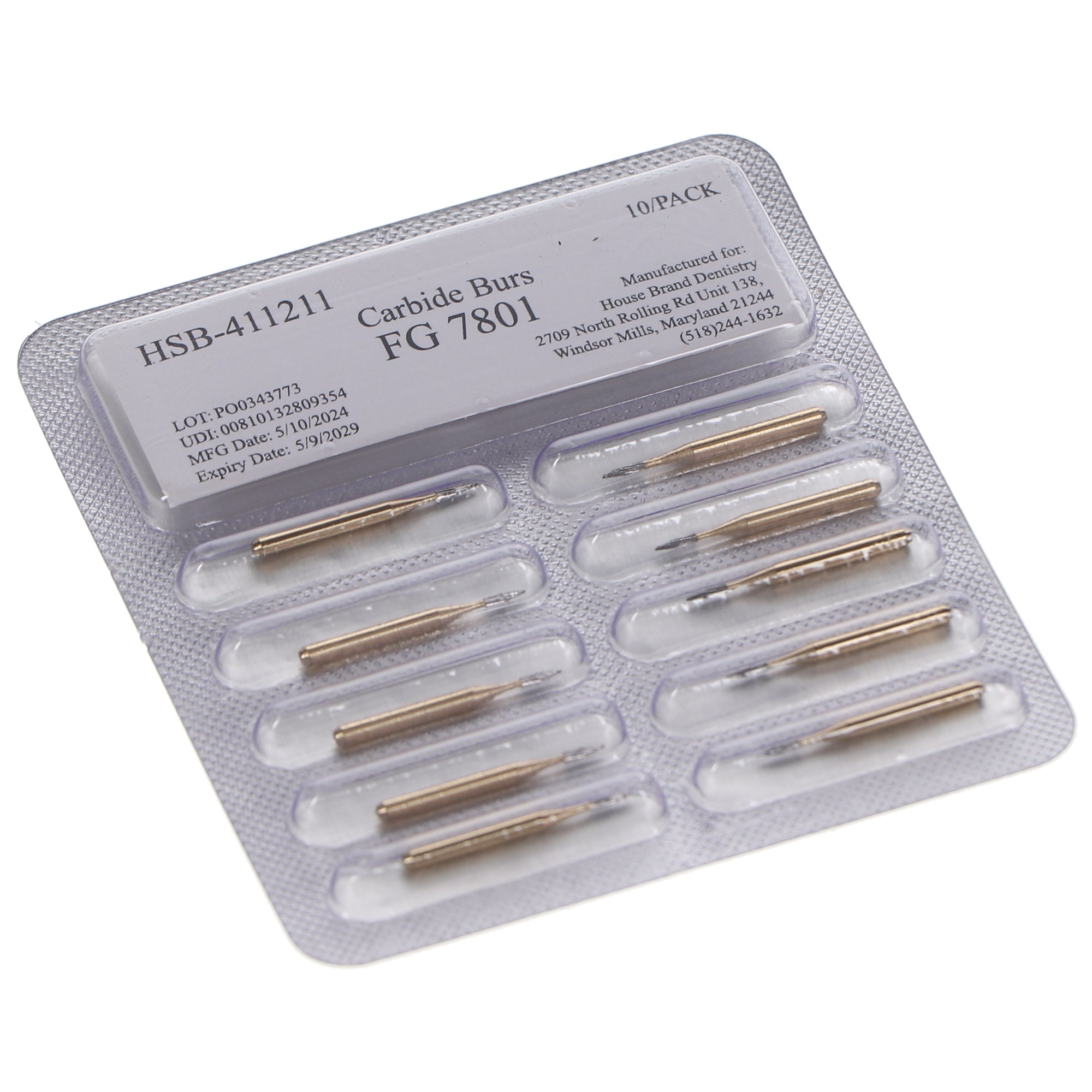 House Brand Dentistry 411211 HSB FG #7801 Bullet Trimming & Finishing Carbide Burs 10/Pk