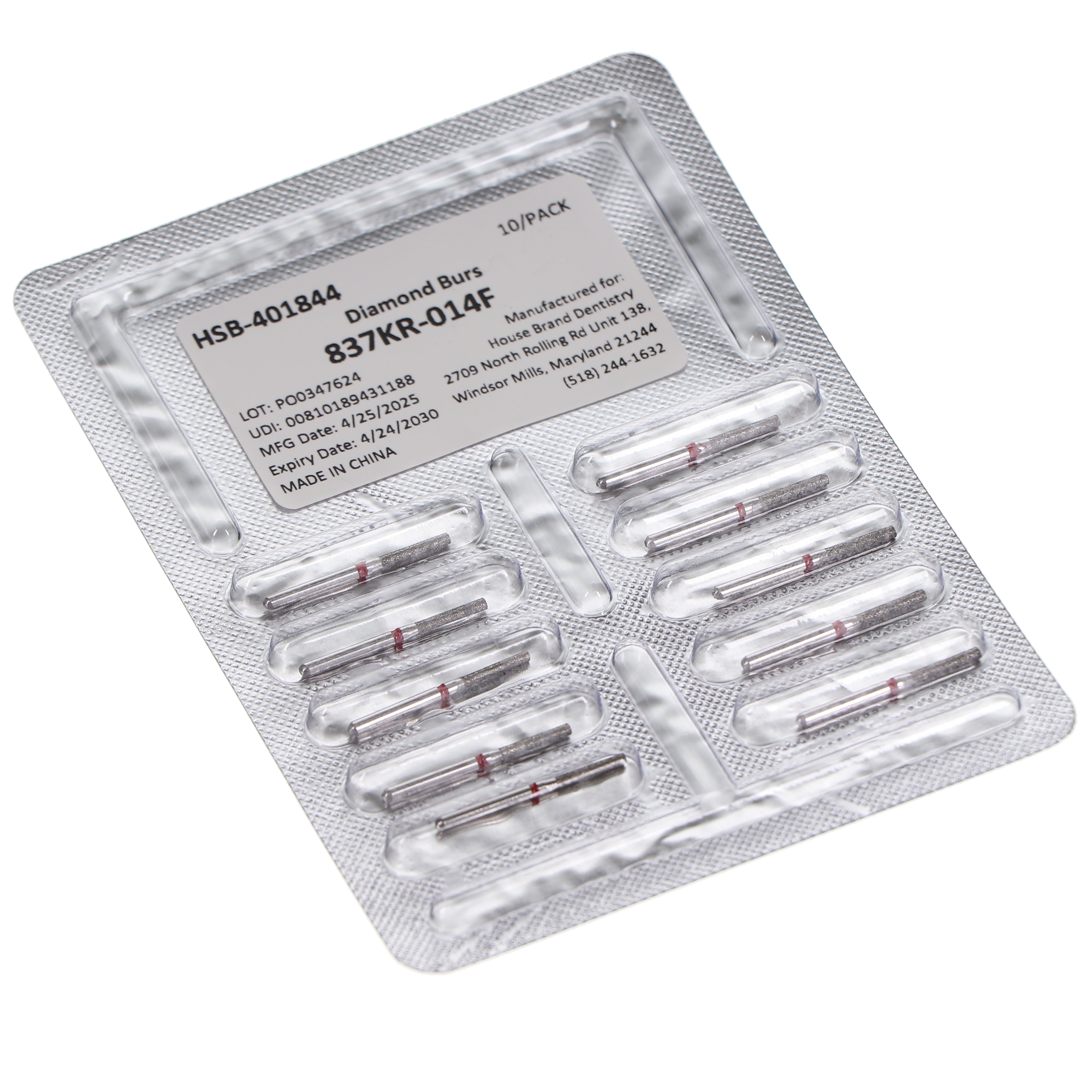 House Brand Dentistry 401844 HSB FG 837KR-014F Modified Cylinder Fine Grit Diamond Burs 10/Pk