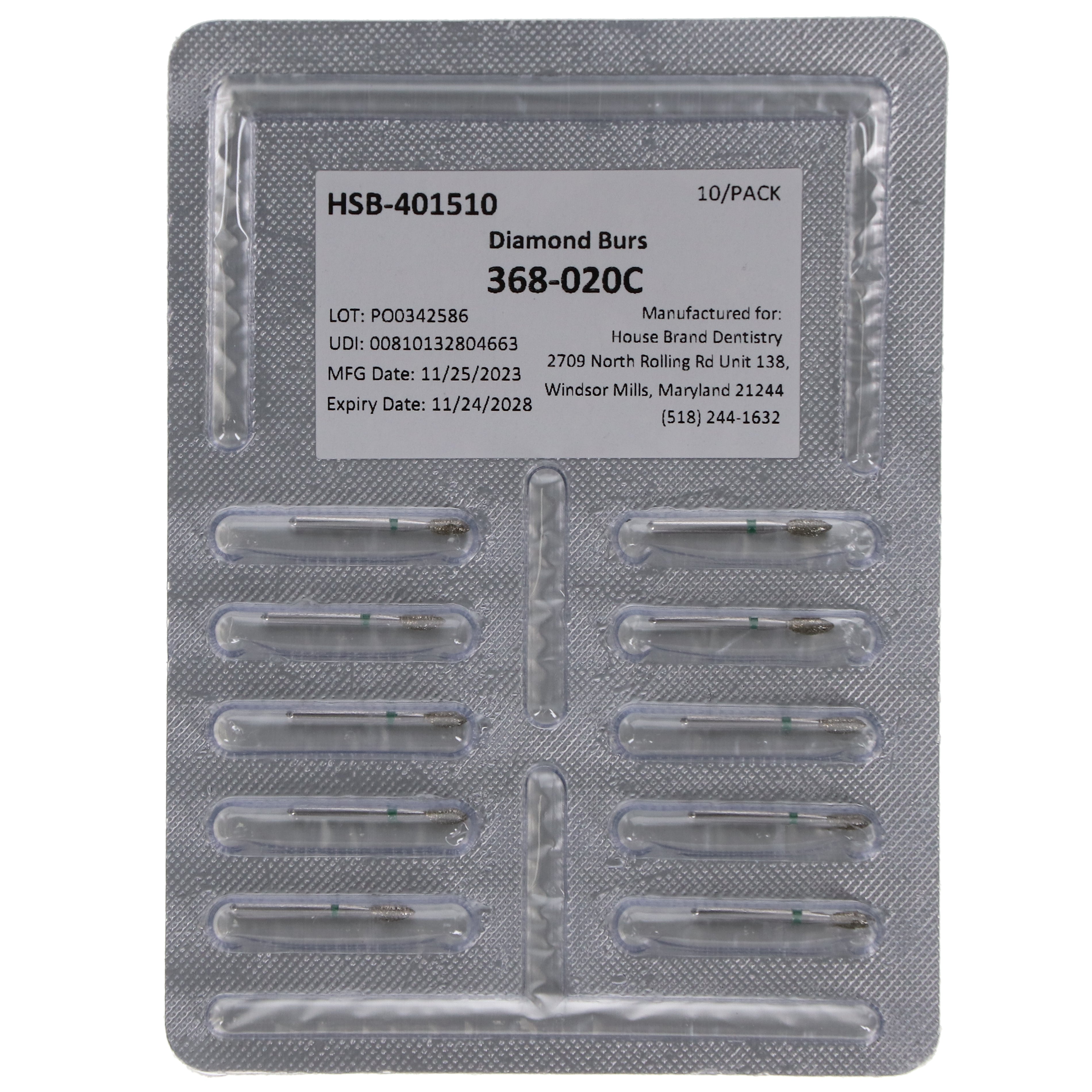 House Brand Dentistry 401510 HSB 368-020C Football Coarse Grit Diamond Burs 10/Pk