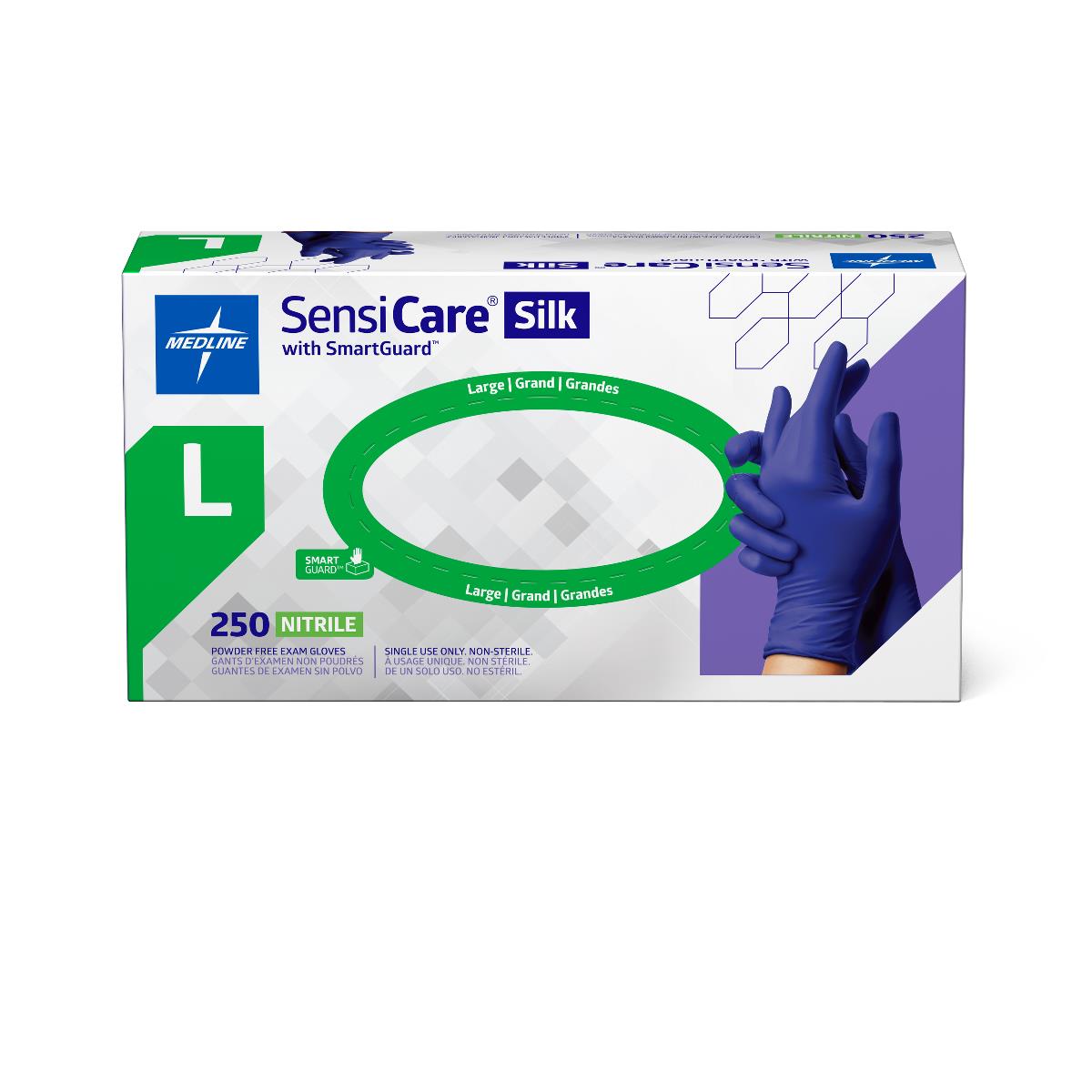 Medline MDS2586H Sensicare Silk Nitrile Exam Gloves Large Fingertip Textured Dark Blue 250/Bx