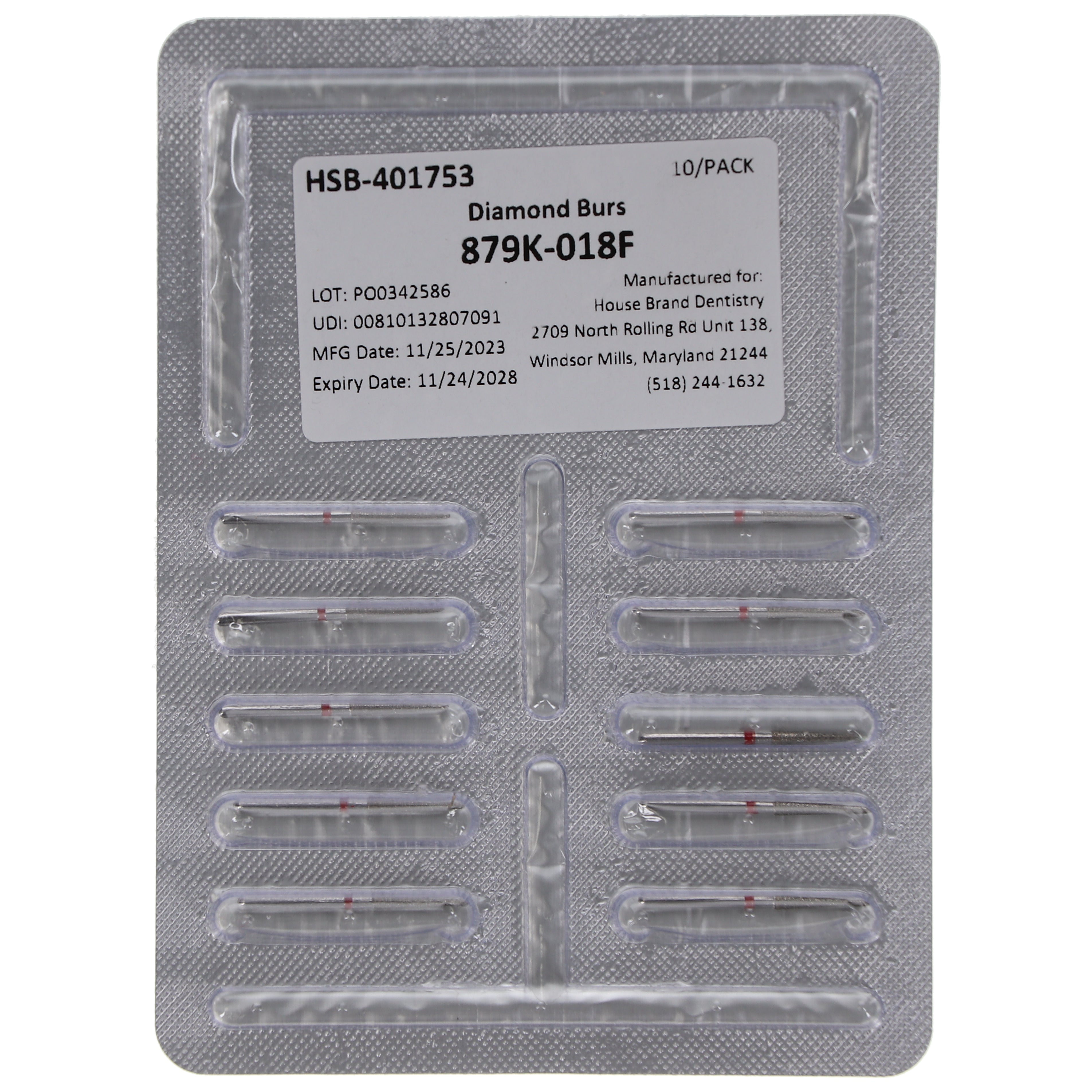 House Brand Dentistry 401753 HSB FG 879K-018F Gingival Curettage Fine Grit Diamond Burs 10/Pk