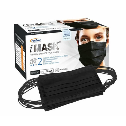 Pac-Dent MASKT-01BK iMask Premium Earloop Face Masks ASTM Level 2 Black 50/Box