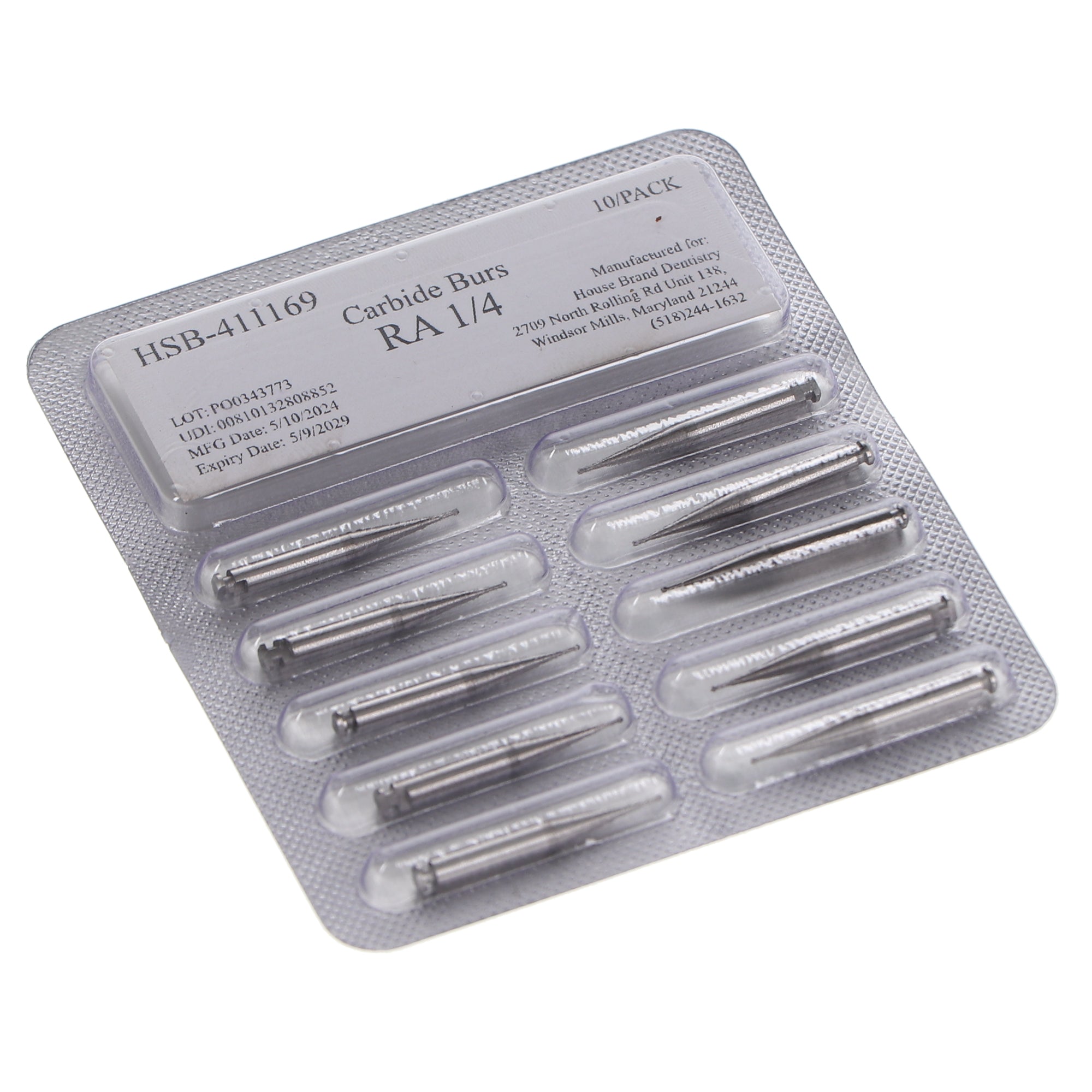 House Brand Dentistry 411169 HSB RA #1/4 Round Carbide Burs 10/Pk