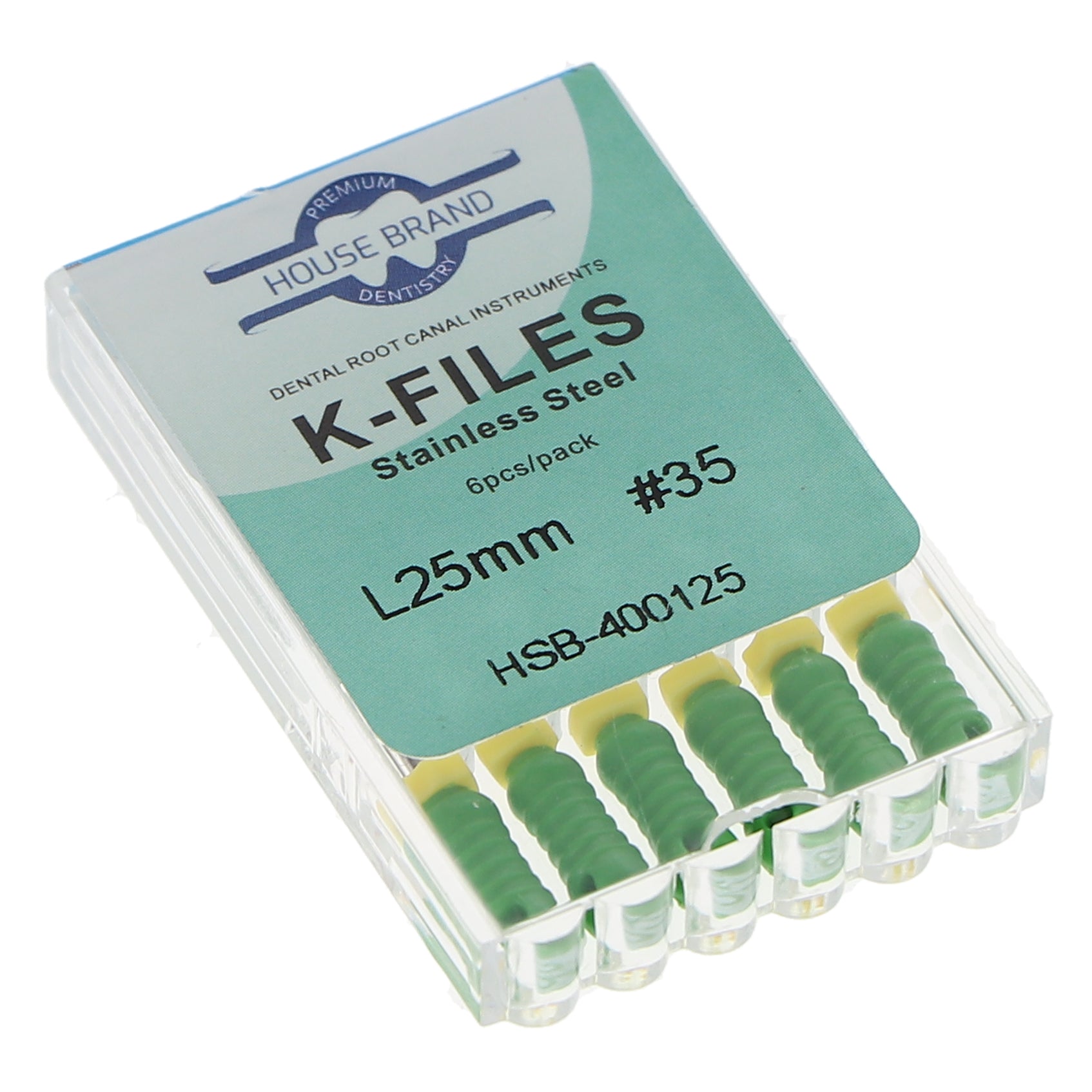 House Brand Dentistry 400125 HSB Endodontic K-Files 25mm #35 Green Stainless Steel 6/Pk