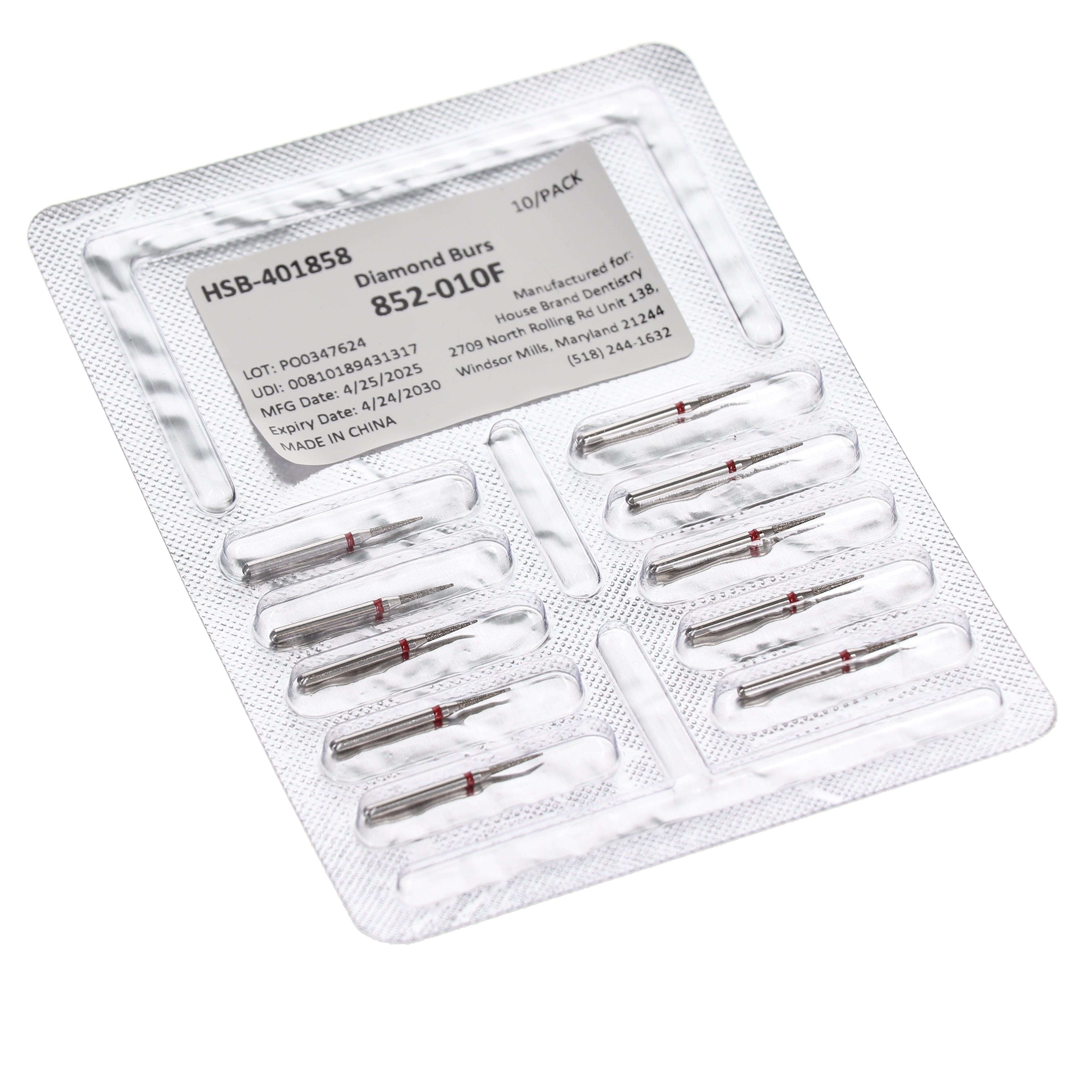 House Brand Dentistry 401858 HSB FG 852-010F Christmas Tree Fine Grit Diamond Burs 10/Pk