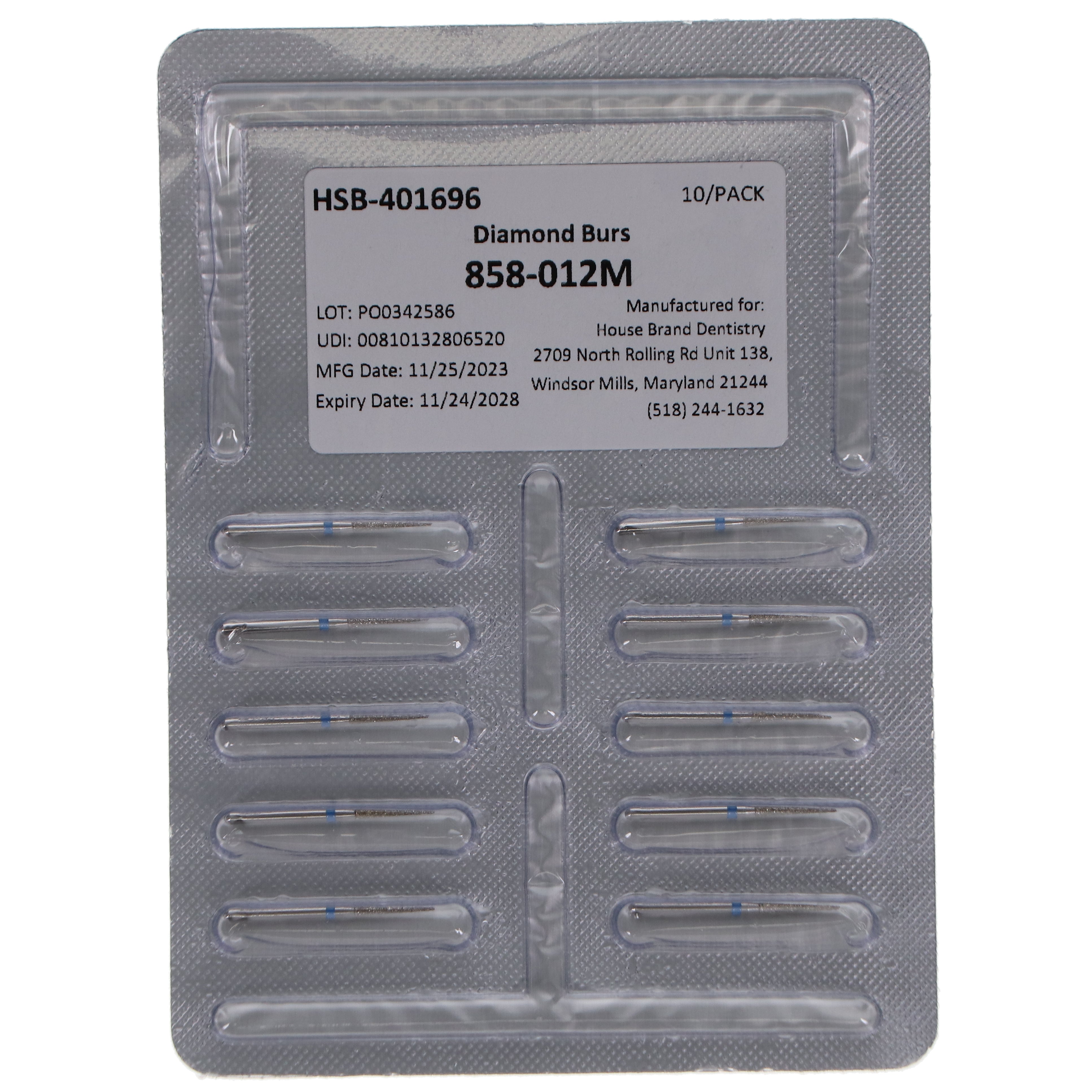 House Brand Dentistry 401696 FG 858-012M Needle Medium Grit Diamond Burs 10/Pk