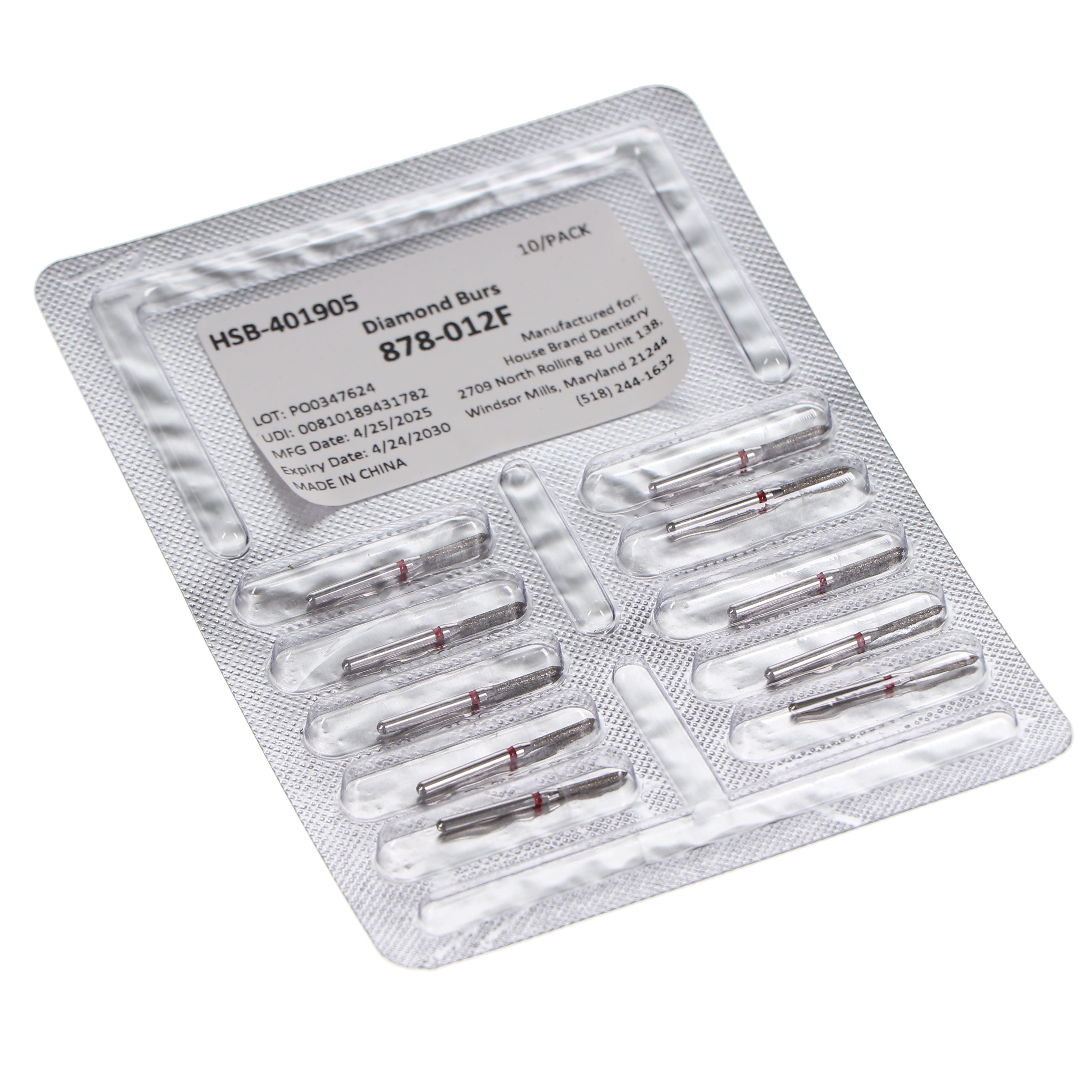 House Brand Dentistry 401905 HSB FG 878-012F Beveled Cylinder Fine Grit Diamond Burs 10/Pk