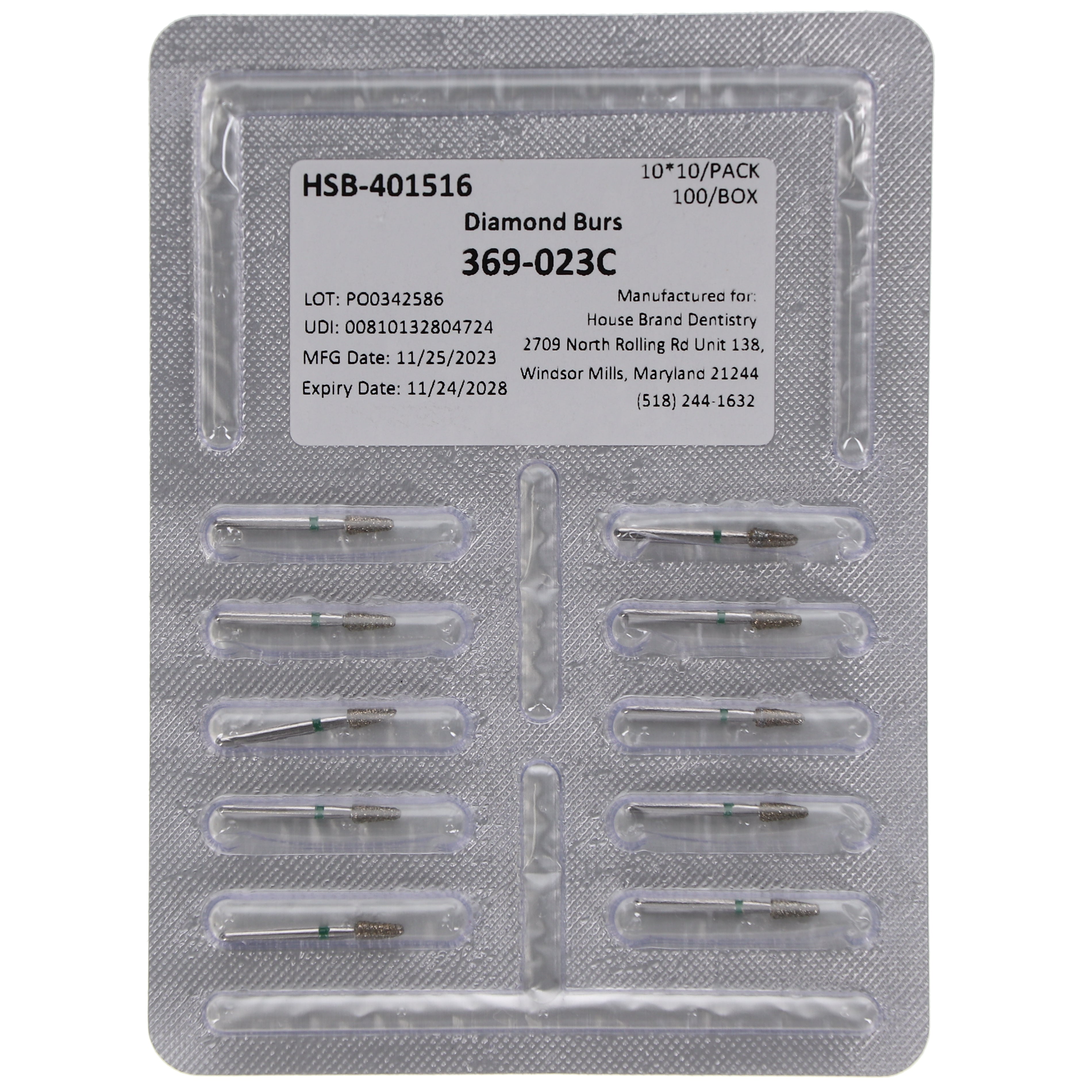 House Brand Dentistry 401516 HSB FG 369-023C Football Coarse Grit Diamond Burs 10/Pk