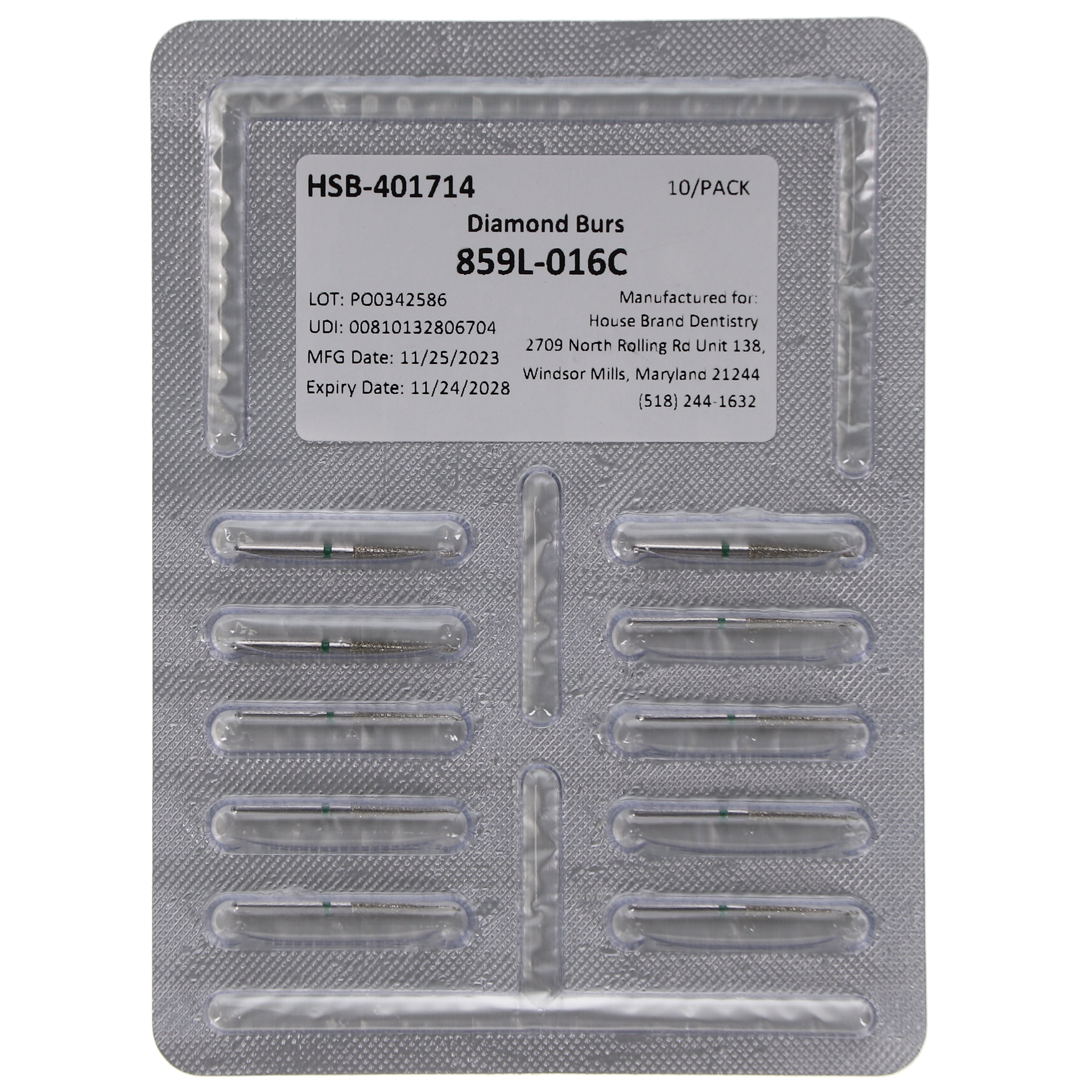 House Brand Dentistry 401714 HSB FG 859L-016C Long Needle Coarse Grit Diamond Burs 10/Pk