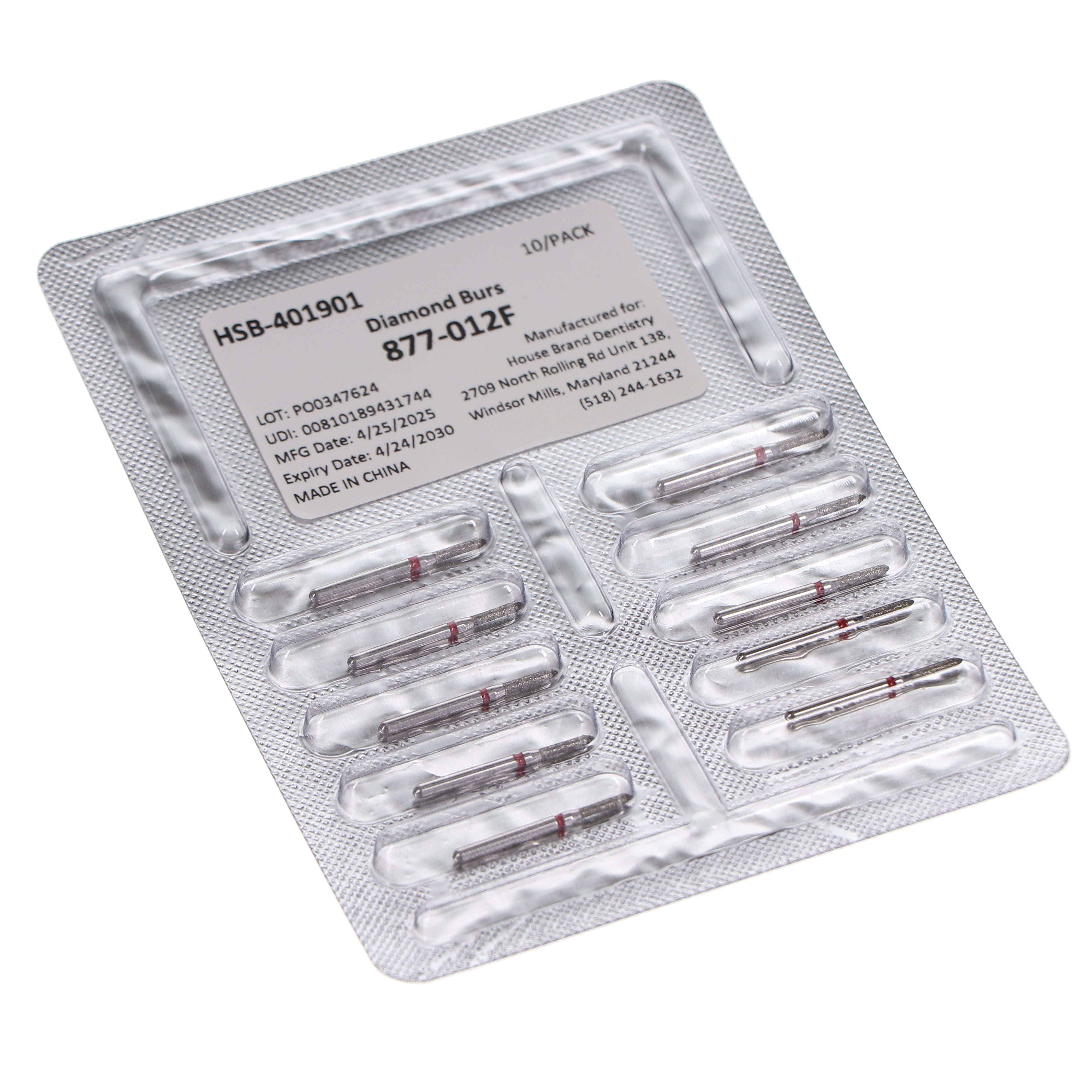 House Brand Dentistry 401901 HSB FG 877-012F Beveled Cylinder Fine Grit Diamond Burs 10/Pk