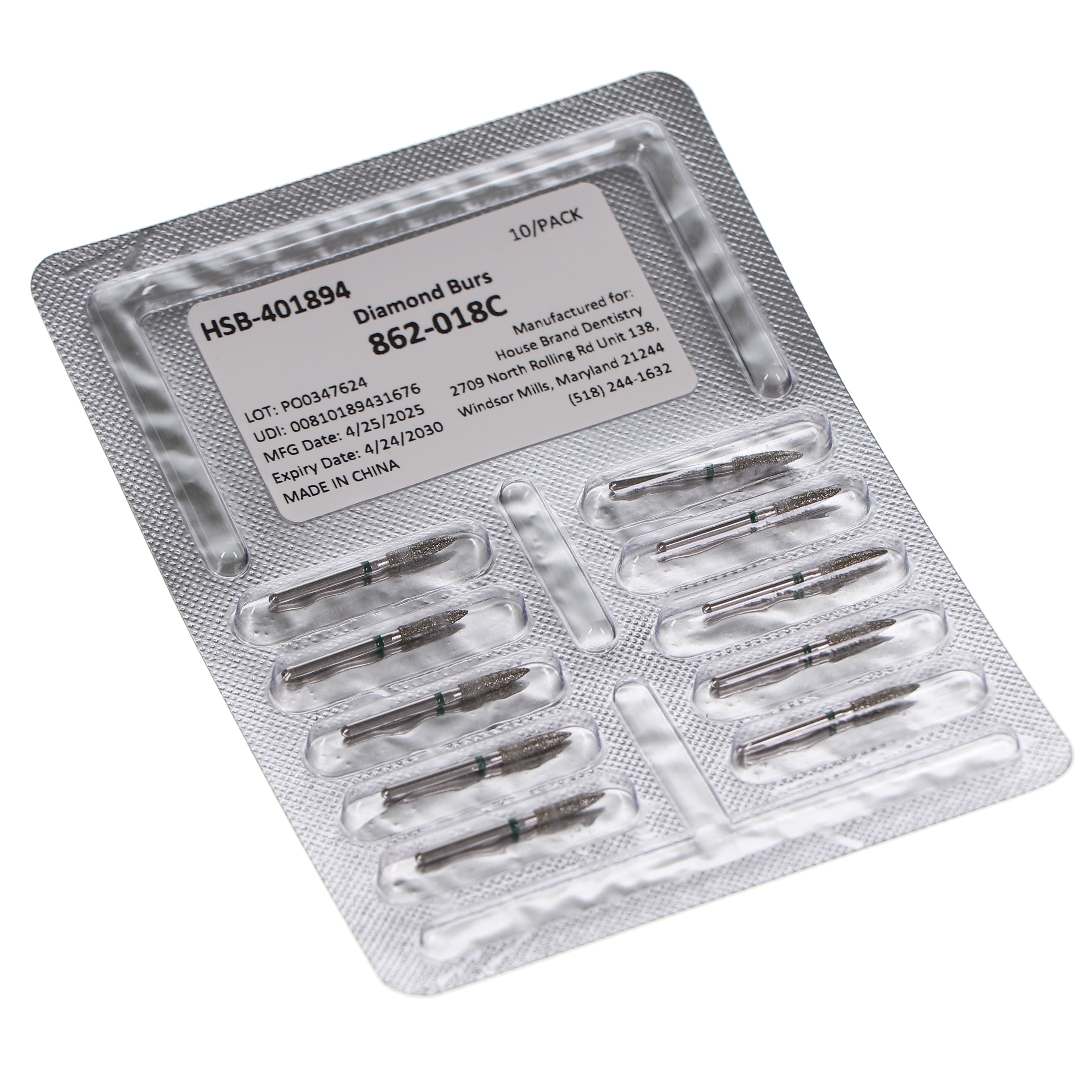 House Brand Dentistry 401894 HSB FG 862-018C Flame Coarse Grit Diamond Burs 10/Pk
