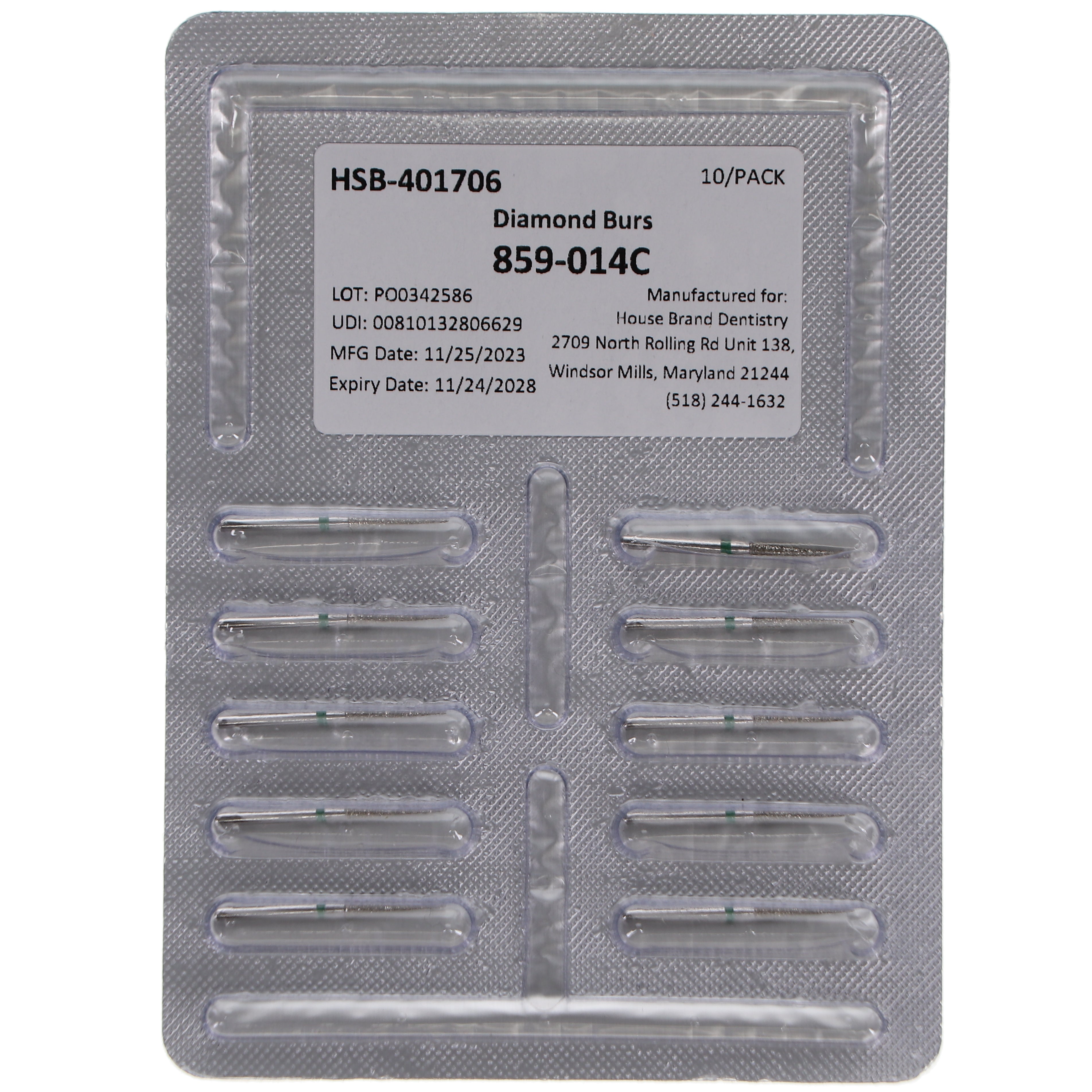 House Brand Dentistry 401706 HSB FG 859-014C Needle Coarse Grit Diamond Burs 10/Pk