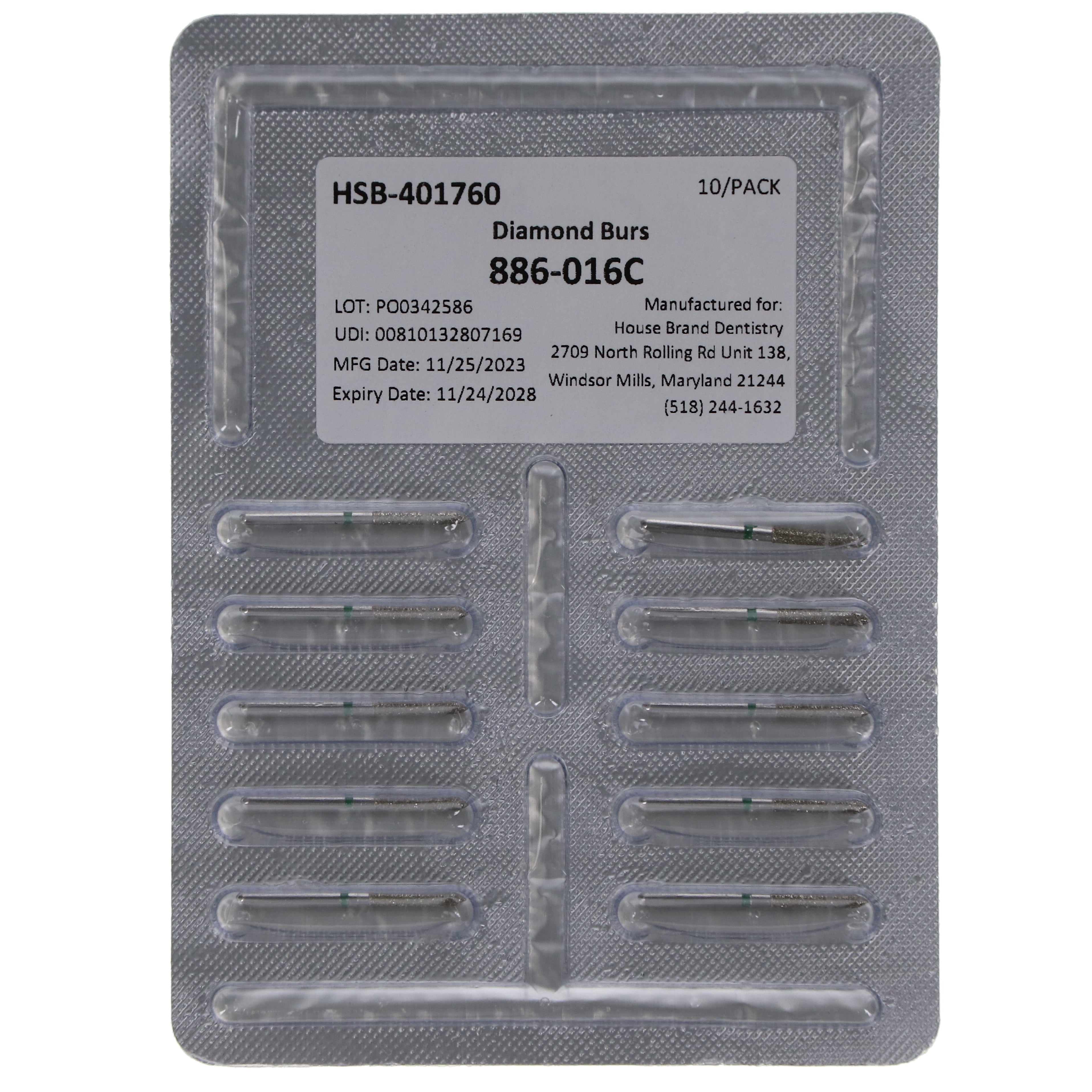 House Brand Dentistry 401760 HSB FG 886-016C Beveled Cylinder Coarse Grit Diamond Burs 10/Pk