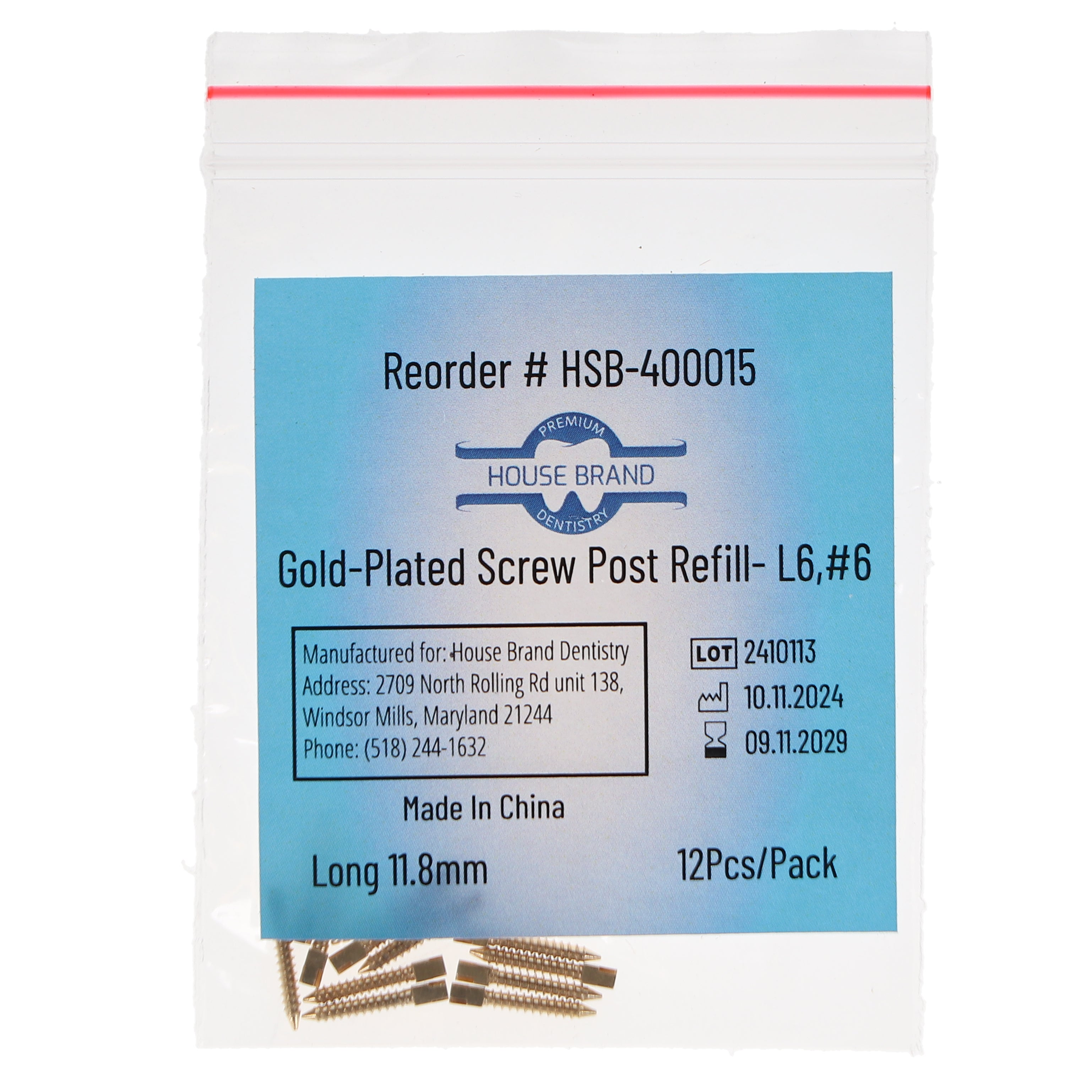 House Brand Dentistry 400015 HSB Gold Plated Screw Posts L6 #6 Long 11.8mm 12/Pk