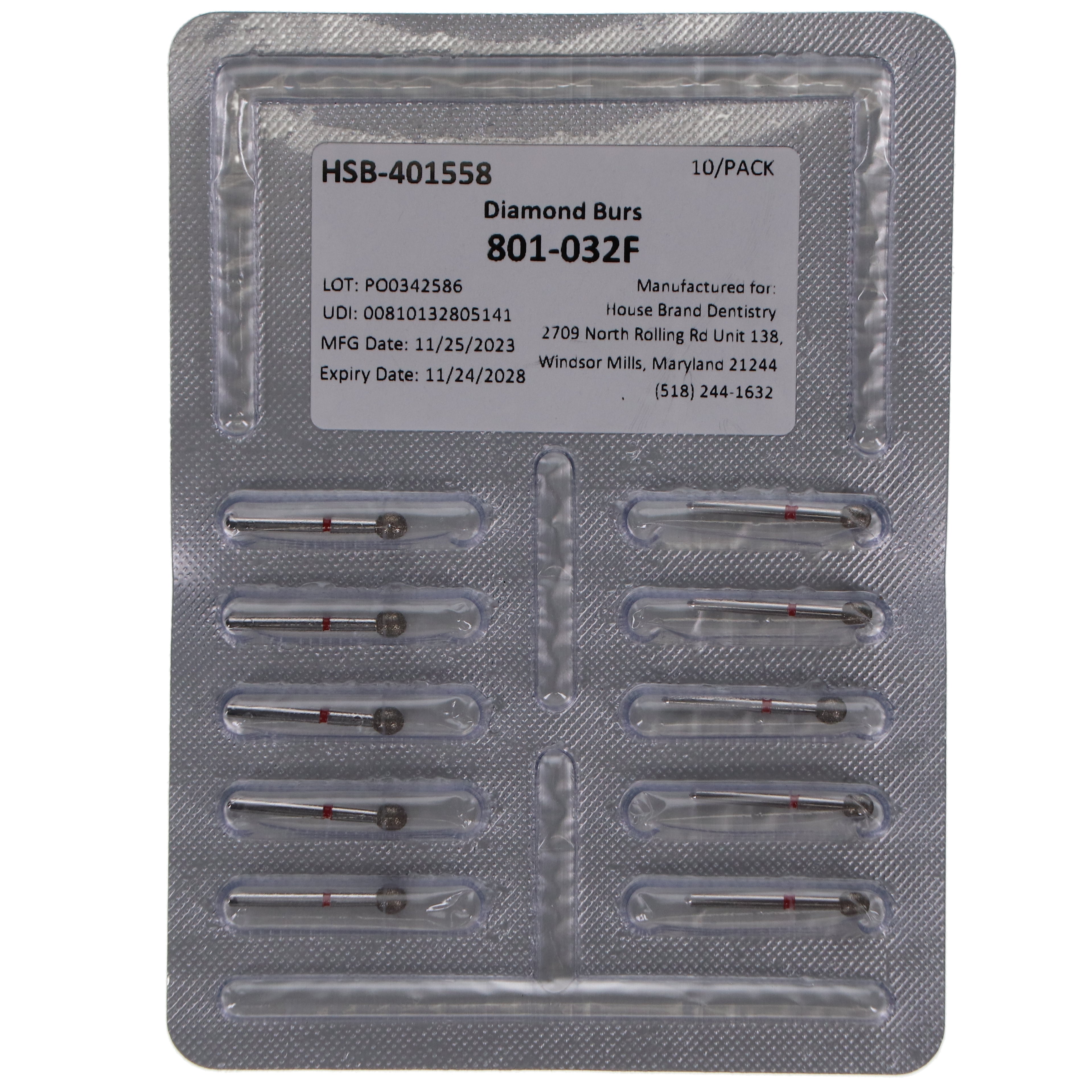 House Brand Dentistry 401558 HSB FG 801-032F Round Fine Grit Diamond Burs 10/Pk