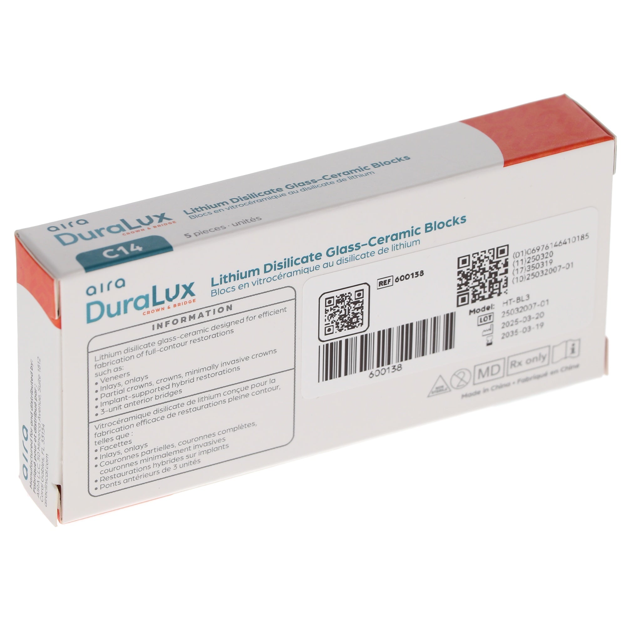 Aira 600138 DuraLux IPS e.max Type Blocks CAD inLab HT BL3 C14 5/Pk