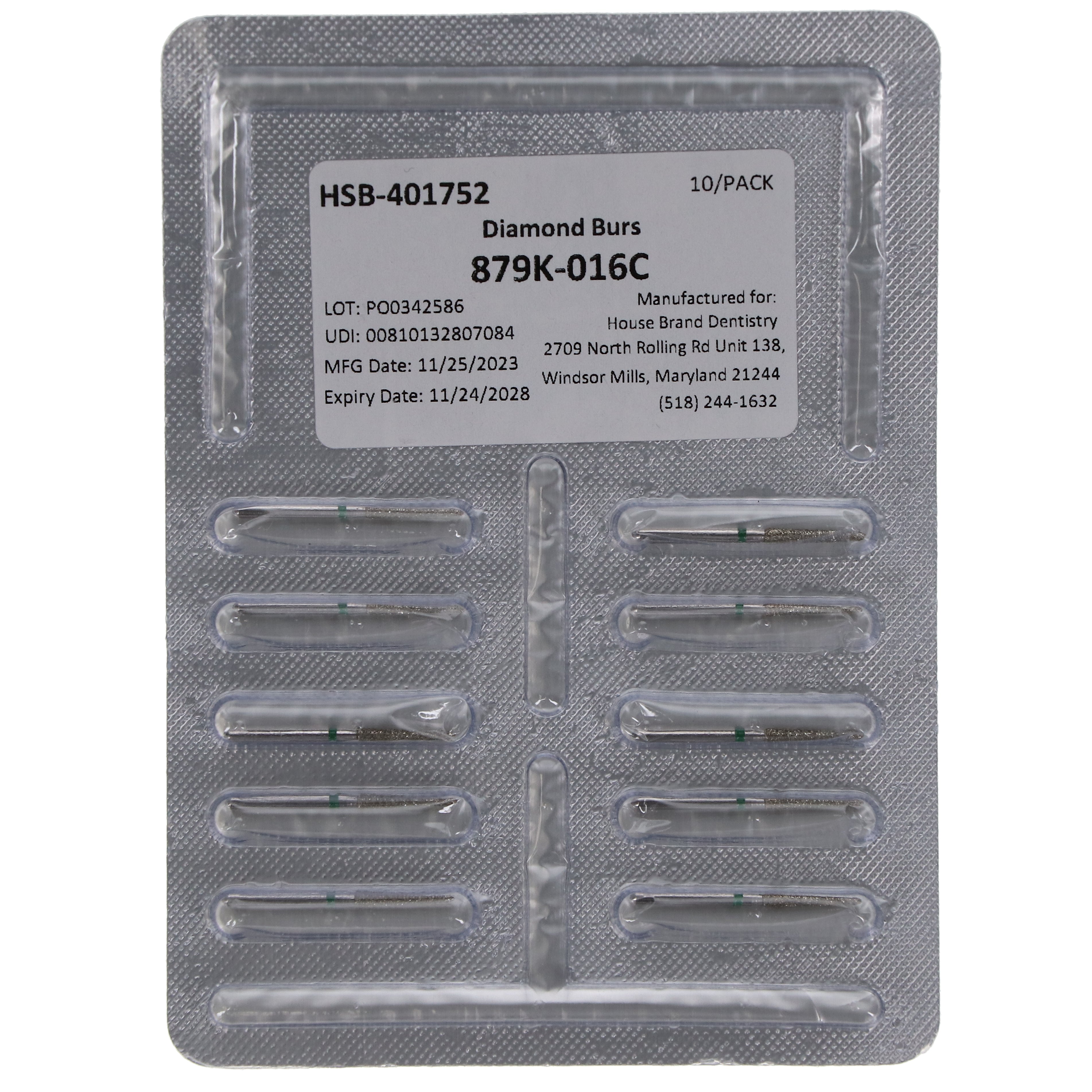 House Brand Dentistry 401752 FG 879K-016C Gingival Curettage Coarse Grit Diamond Burs 10/Pk