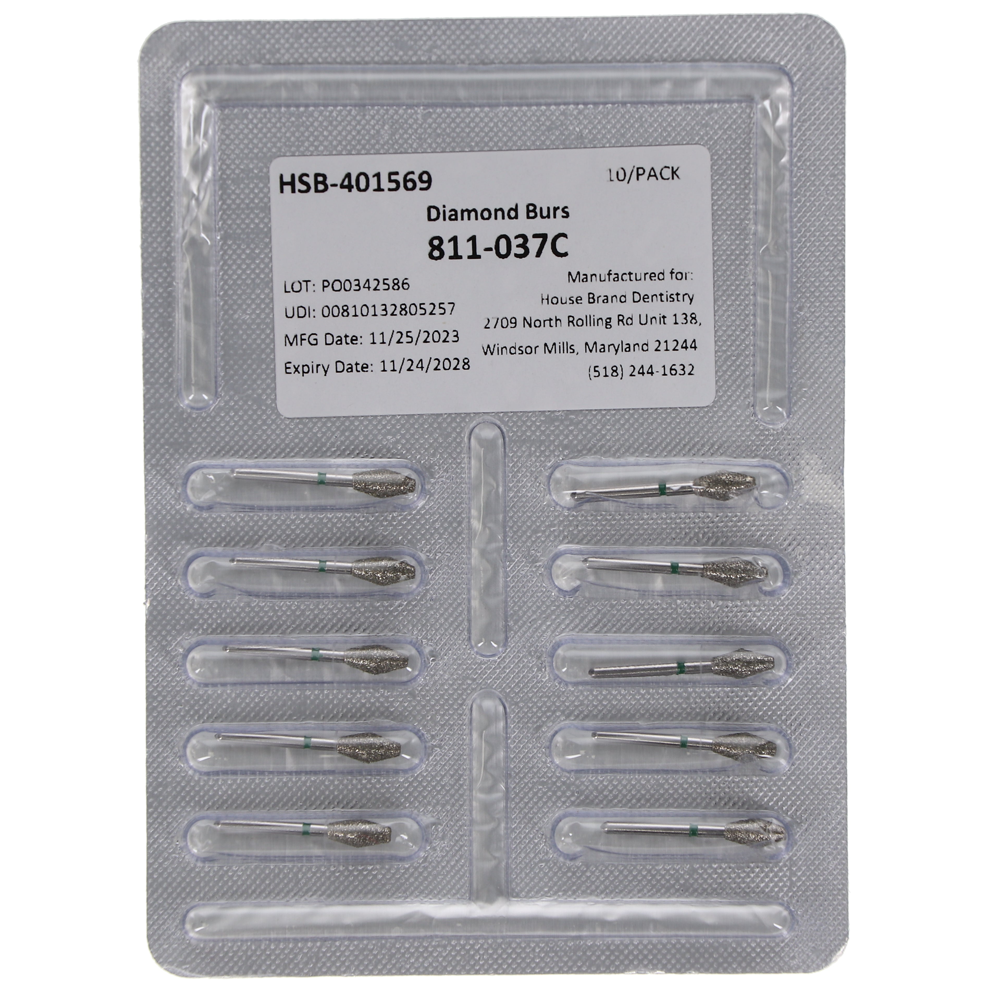 House Brand Dentistry 401569 HSB FG 811-037C Barrel Coarse Grit Diamond Burs 10/Pk