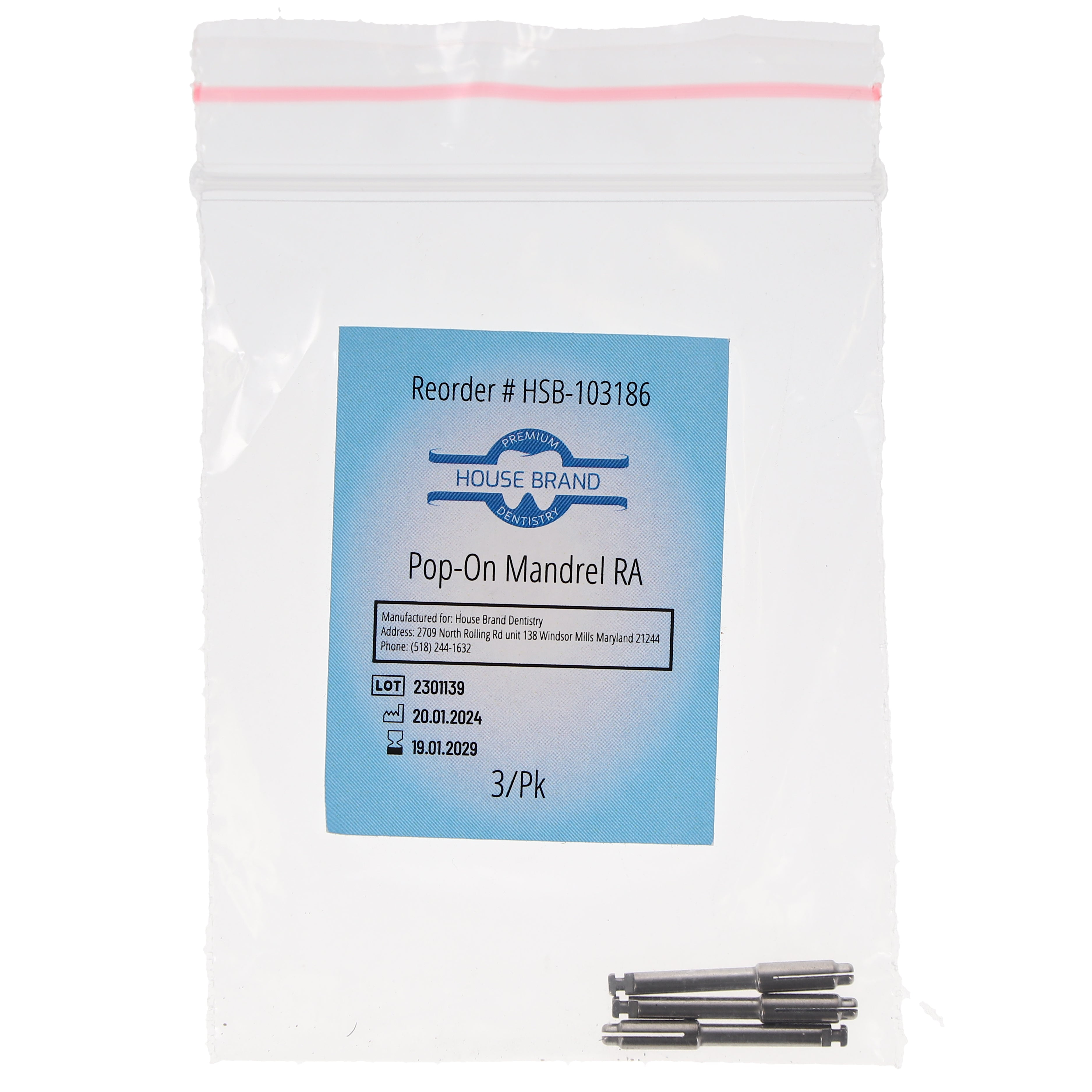 House Brand Dentistry 103186 HSB Pop-On Dental Mandrels RA 3/Pk