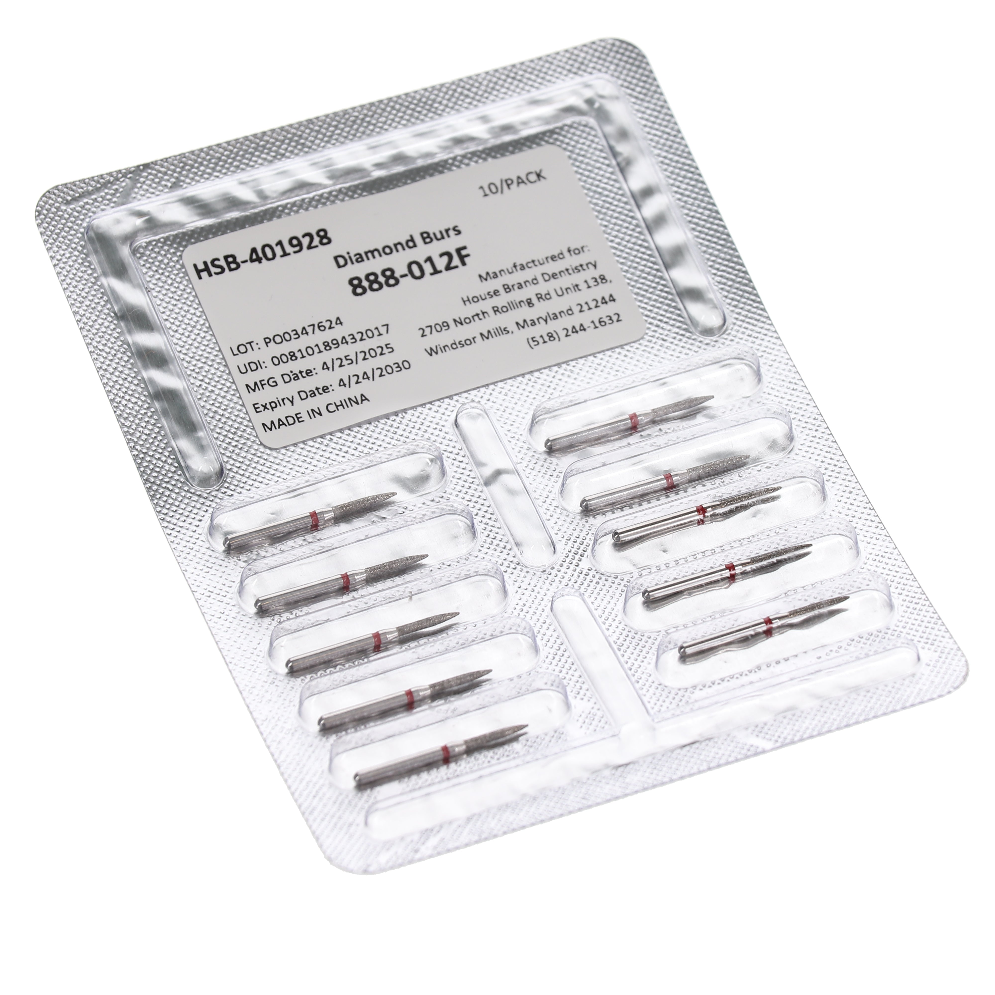 House Brand Dentistry 401928 HSB FG 888-012F Flame Fine Grit Diamond Burs 10/Pk