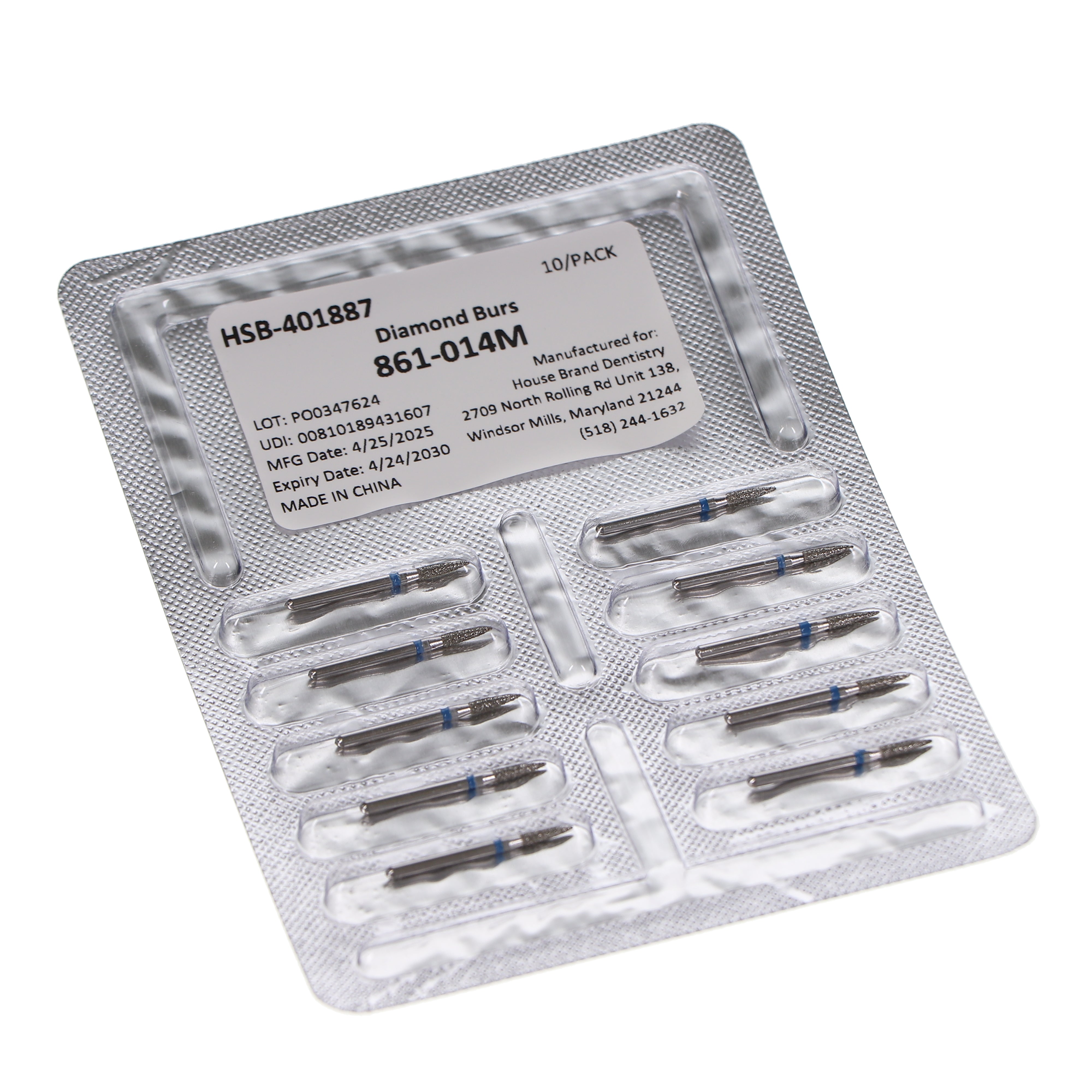 House Brand Dentistry 401887 HSB FG 861-014M Flame Medium Grit Diamond Burs 10/Pk