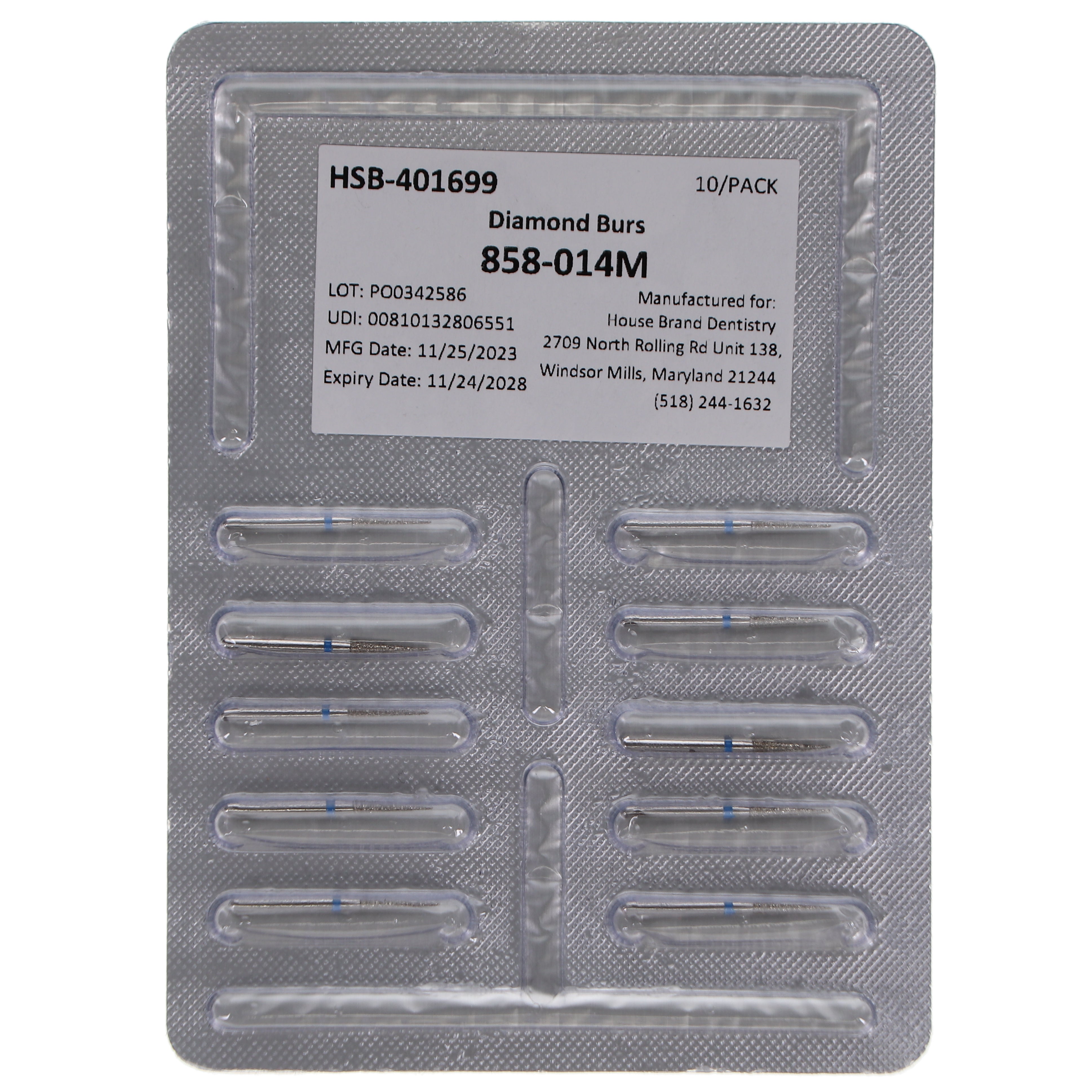 House Brand Dentistry 401699 HSB FG 858-014M Needle Medium Grit Diamond Burs 10/Pk