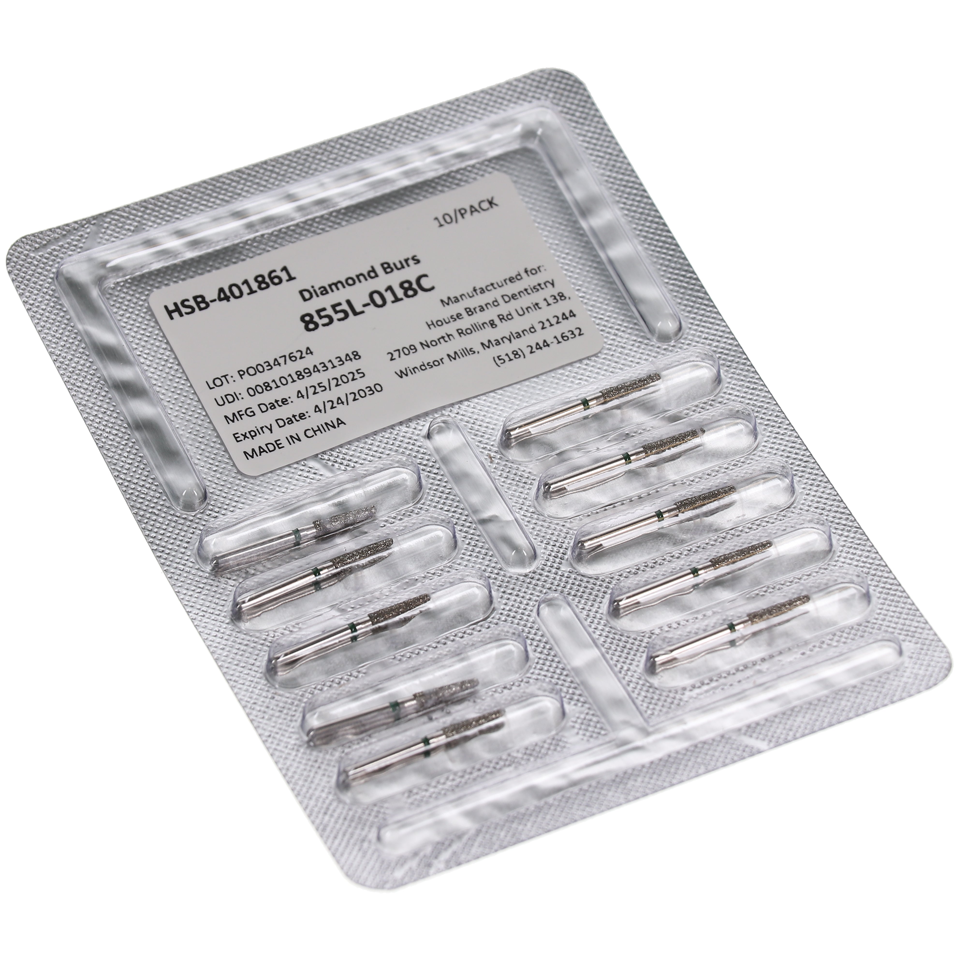 House Brand Dentistry 401861 HSB FG 855L-018C Long Round End Taper Coarse Grit Diamond Burs 10/Pk