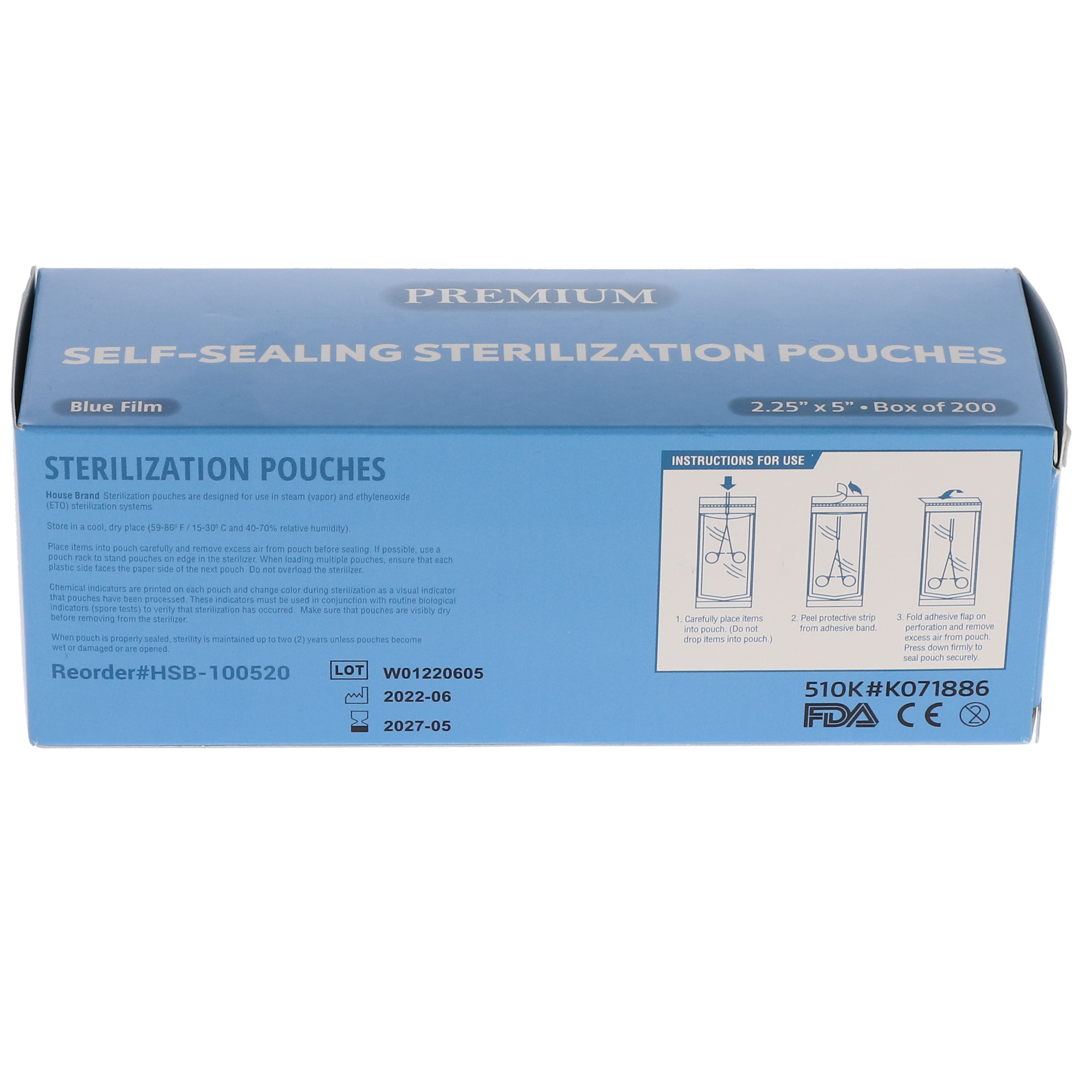 House Brand Dentistry 100520 Paper/Blue Film Self-Sealing Sterilization Pouches 2.25