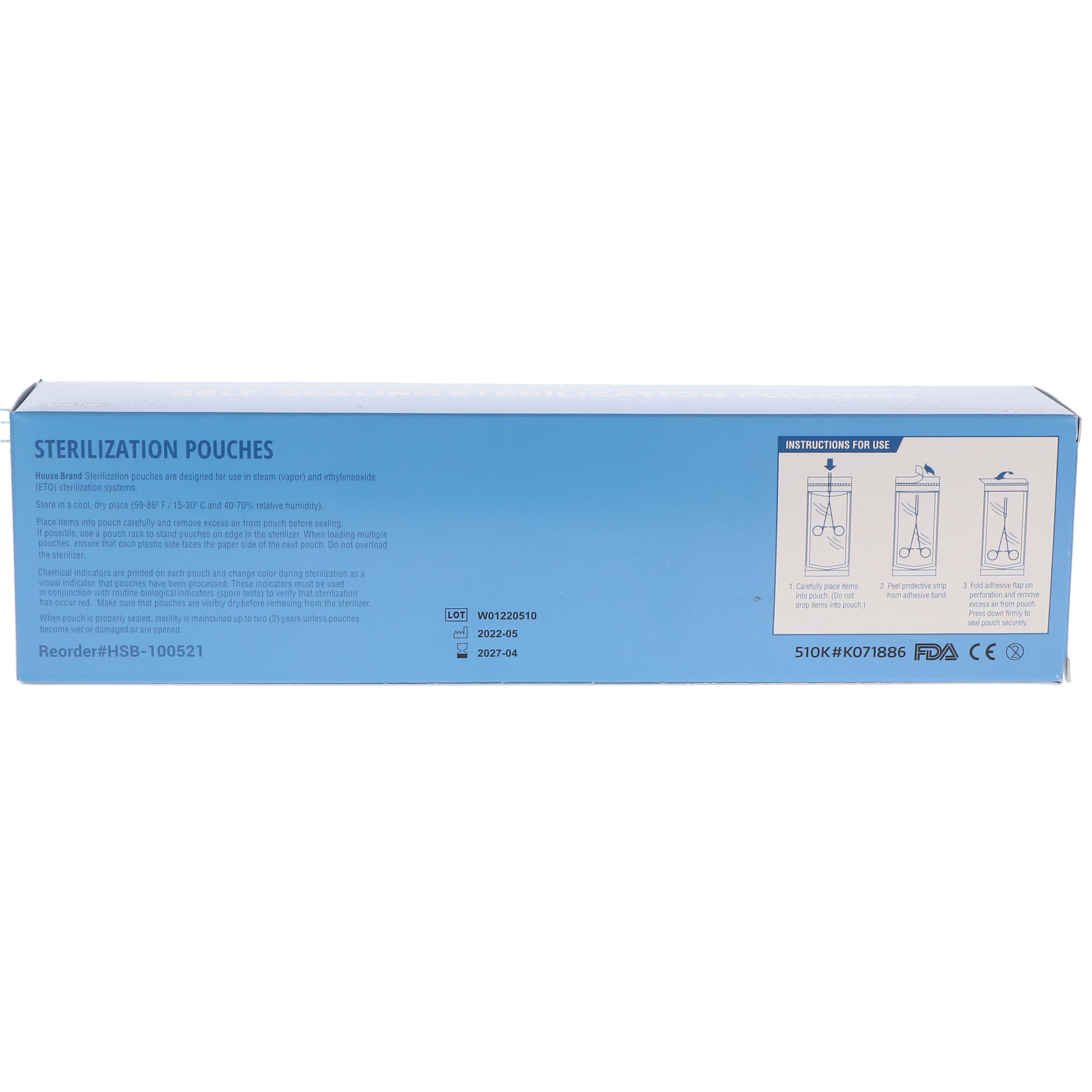 House Brand Dentistry 100521 Paper/Blue Film Self-Sealing Sterilization Pouches 2.75