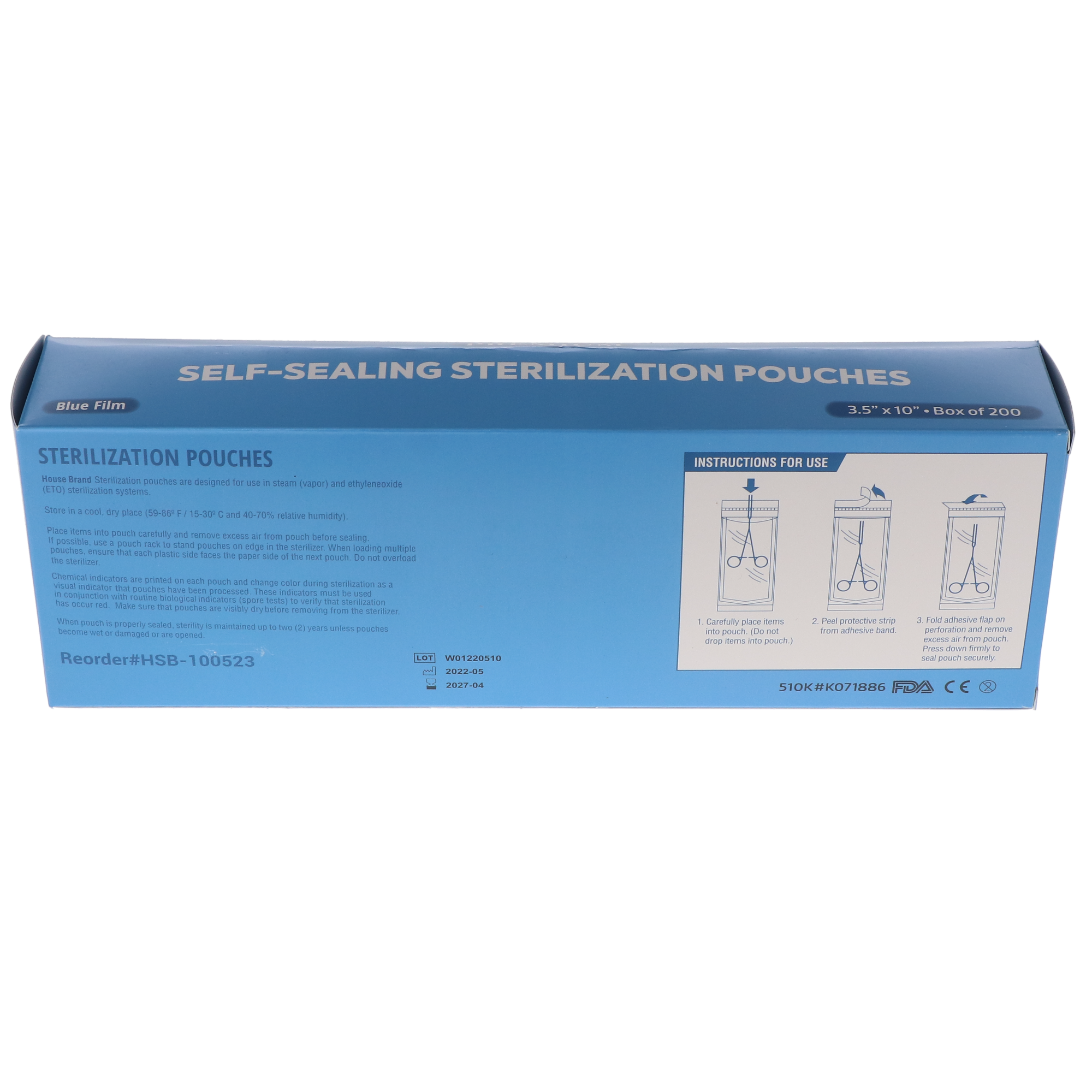 House Brand Dentistry 100523 Paper/Blue Film Self-Sealing Sterilization Pouches 3.50