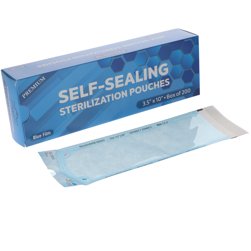 House Brand Dentistry 100523 Paper/Blue Film Self-Sealing Sterilization Pouches 3.50" x 10" 200/Bx