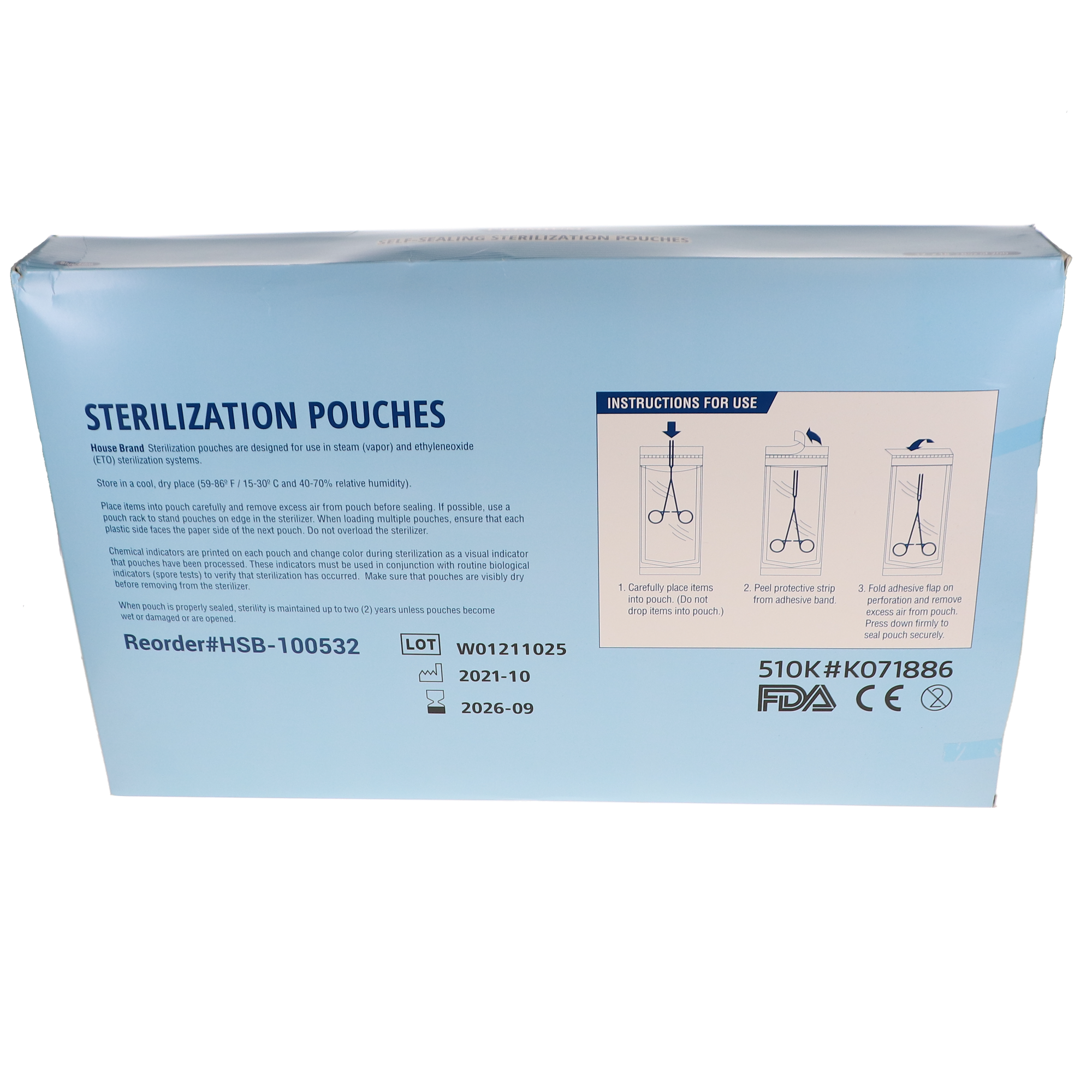 House Brand Dentistry 100532 Self-Sealing Sterilization Pouches Paper/Blue Film 12