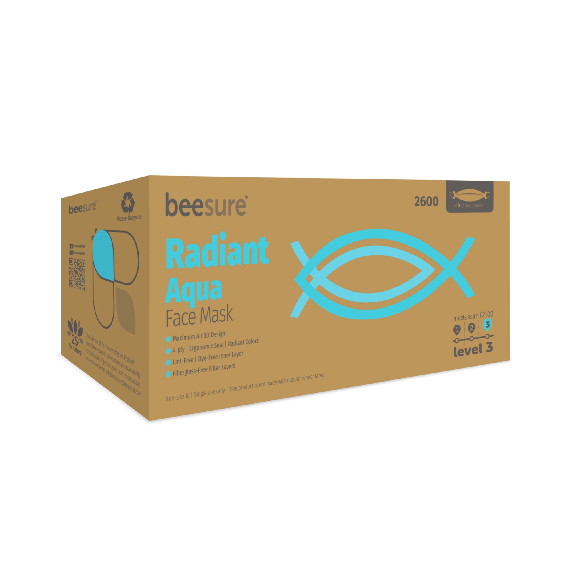Cranberry BE2600 BeeSure Radiant Face Masks ASTM Level 3 Aqua 40/Pk