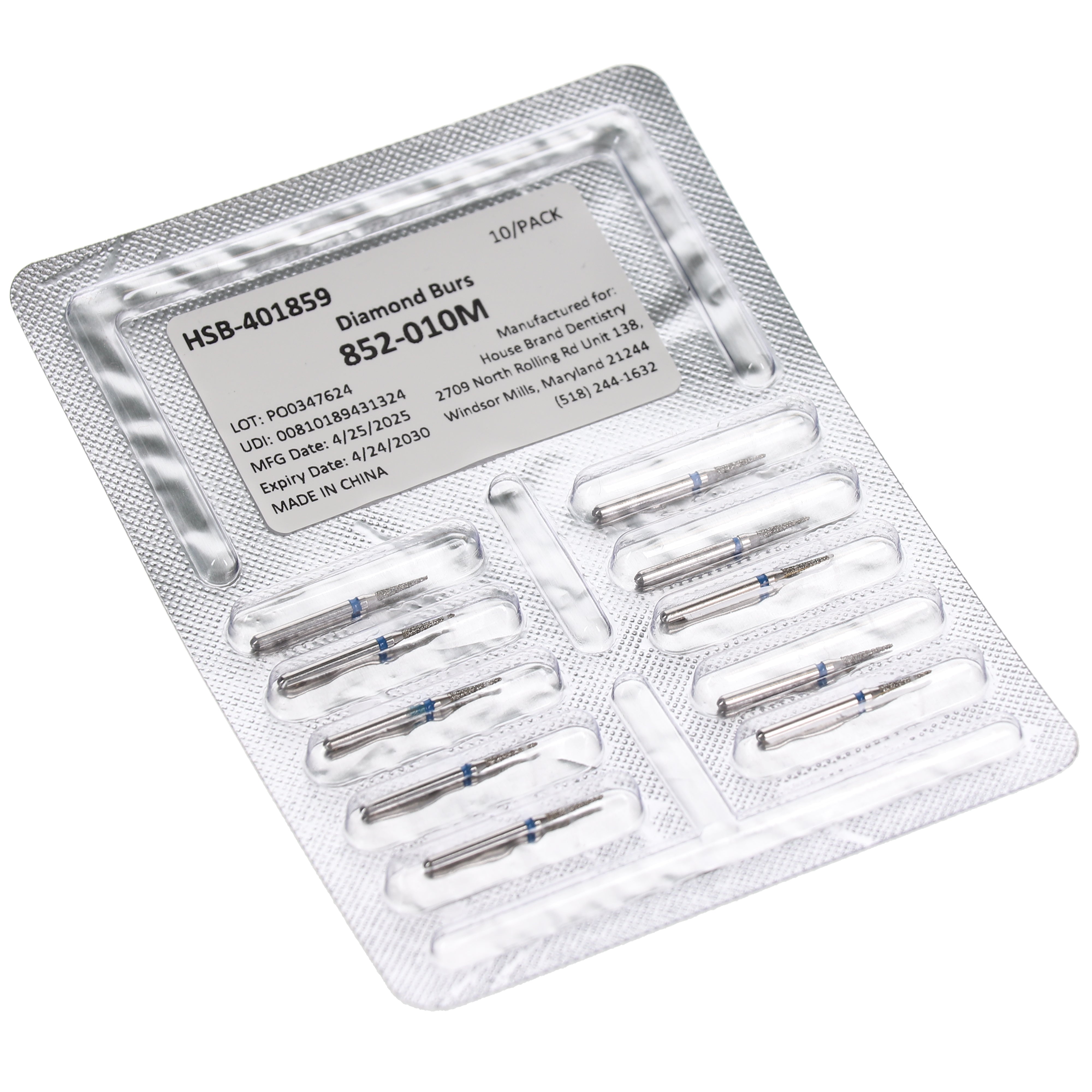 House Brand Dentistry 401859 HSB FG 852-010M Christmas Tree Medium Grit Diamond Burs 10/Pk