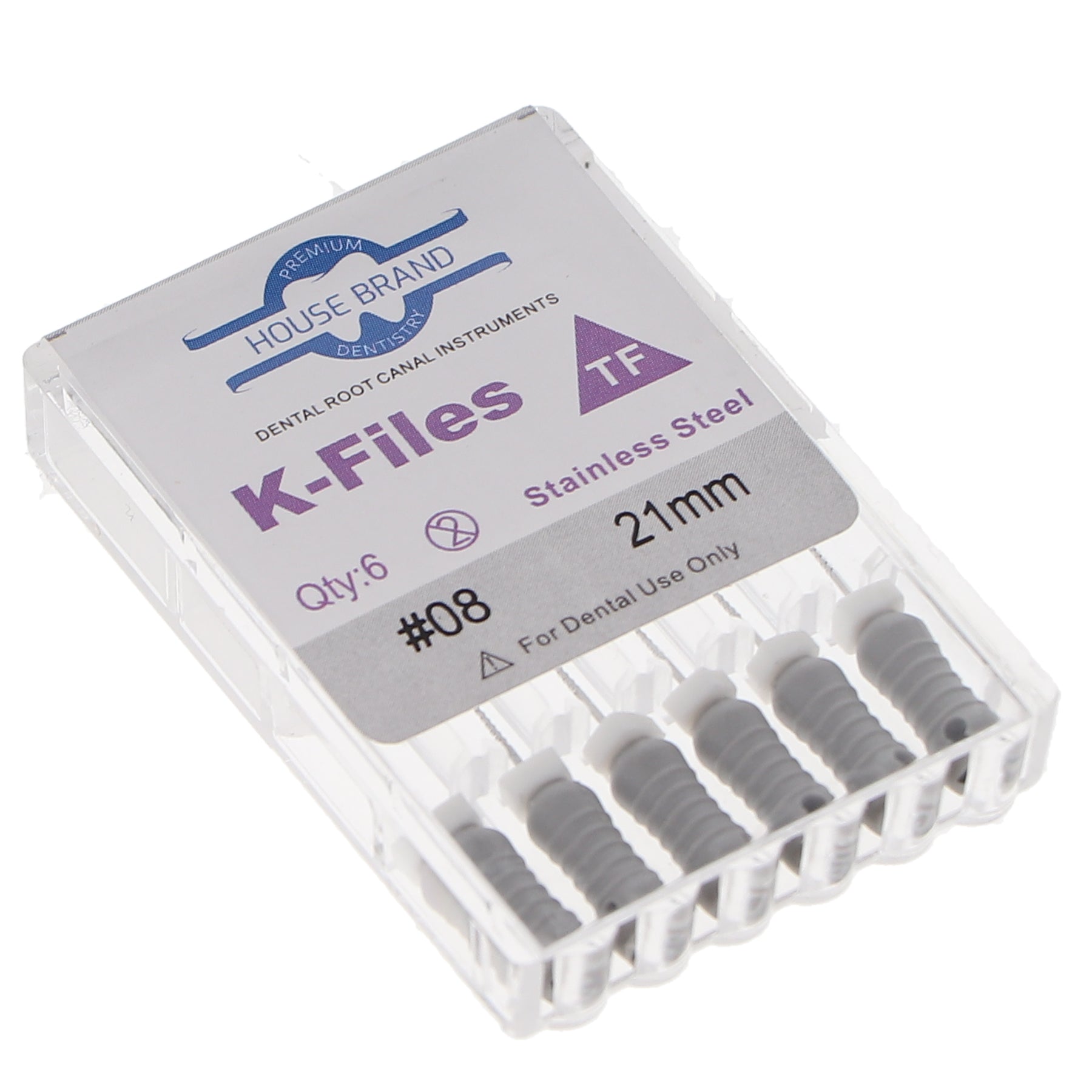 House Brand Dentistry 400200 HSB K-Files Flex-Type 21mm #08 Grey Stainless Steel 6/Pk