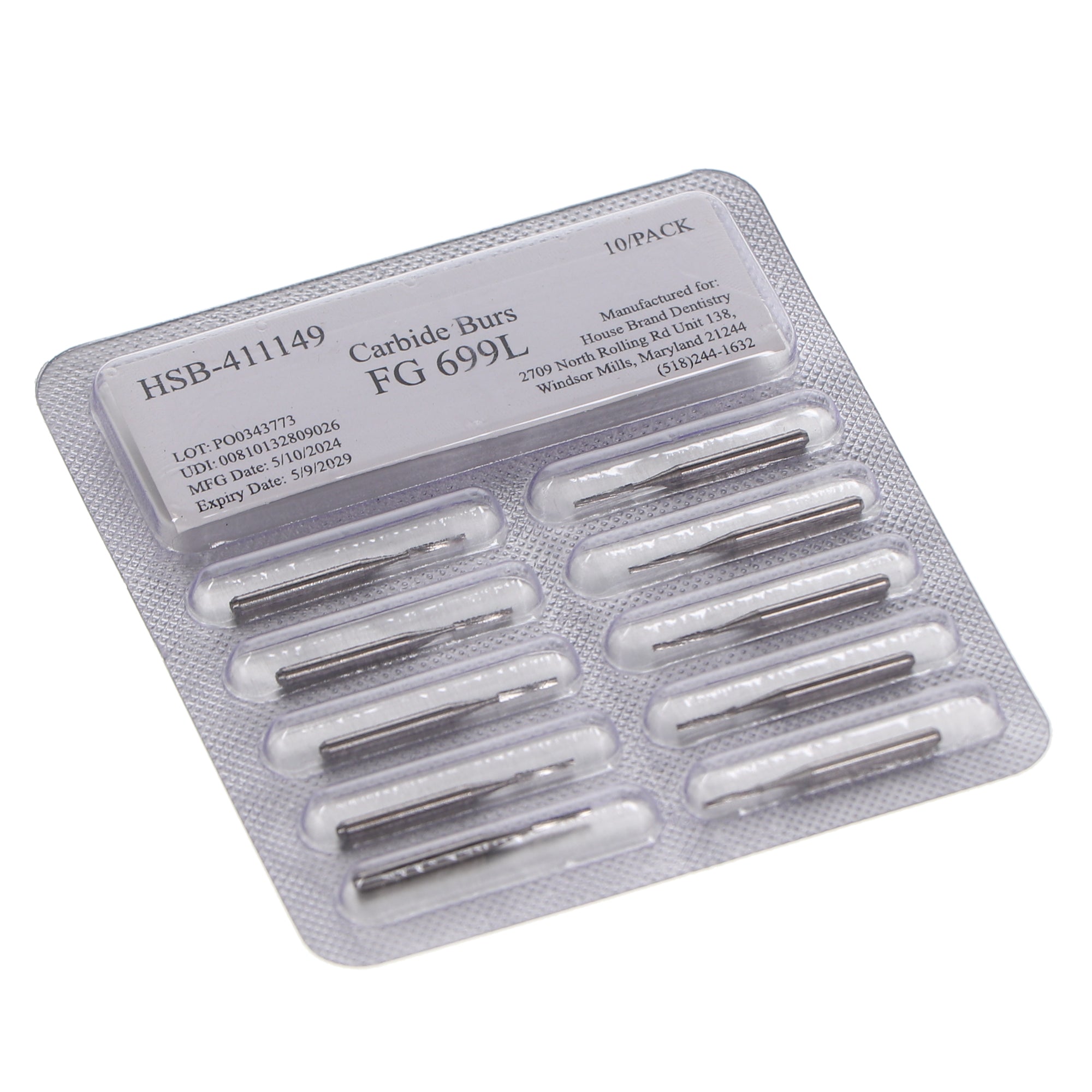 House Brand Dentistry 411149 HSB FG Long #699 Taper Fissure Crosscut Carbide Burs 10/Pk