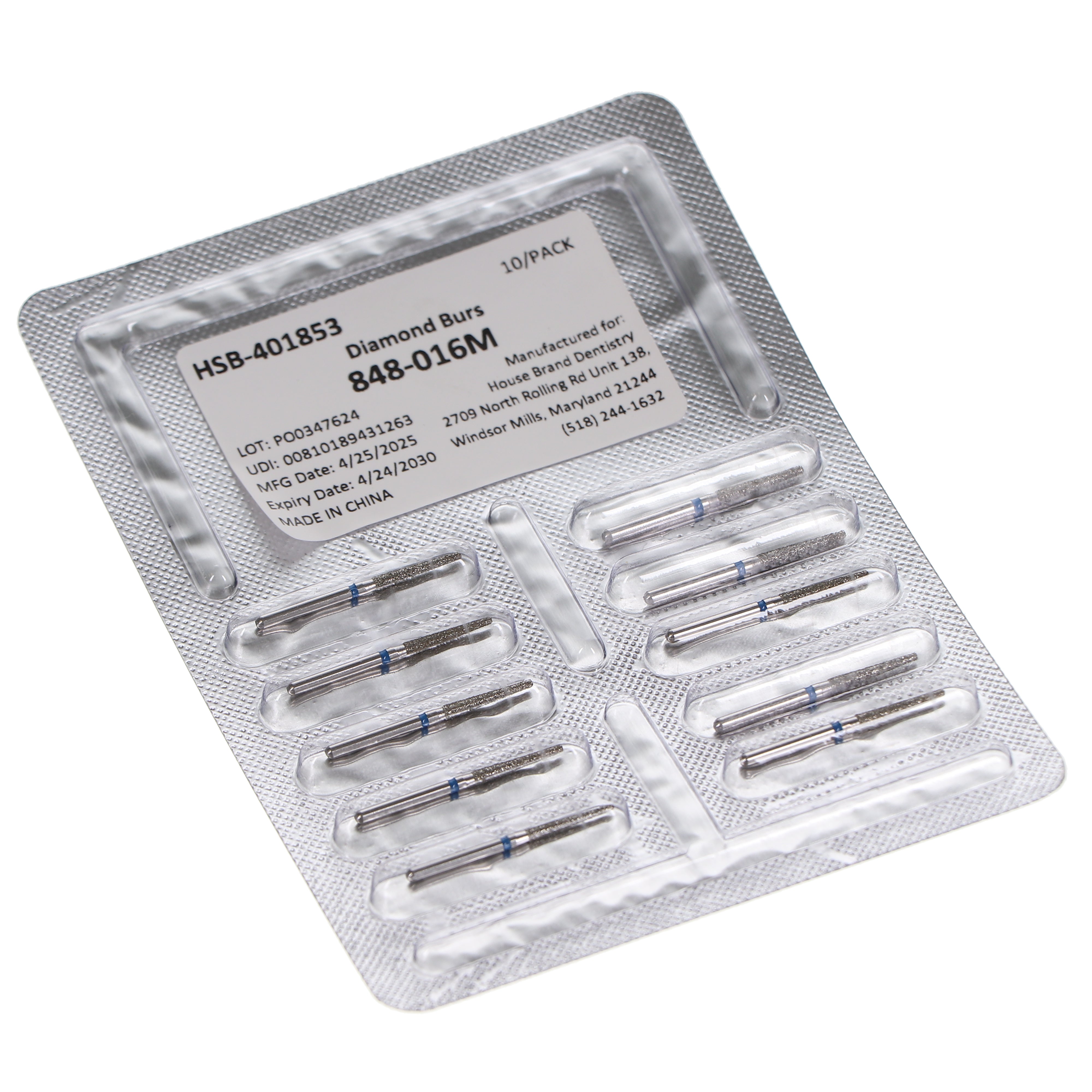 House Brand Dentistry 401853 HSB FG 848-016M Flat End Taper Medium Grit Diamond Burs 10/Pk