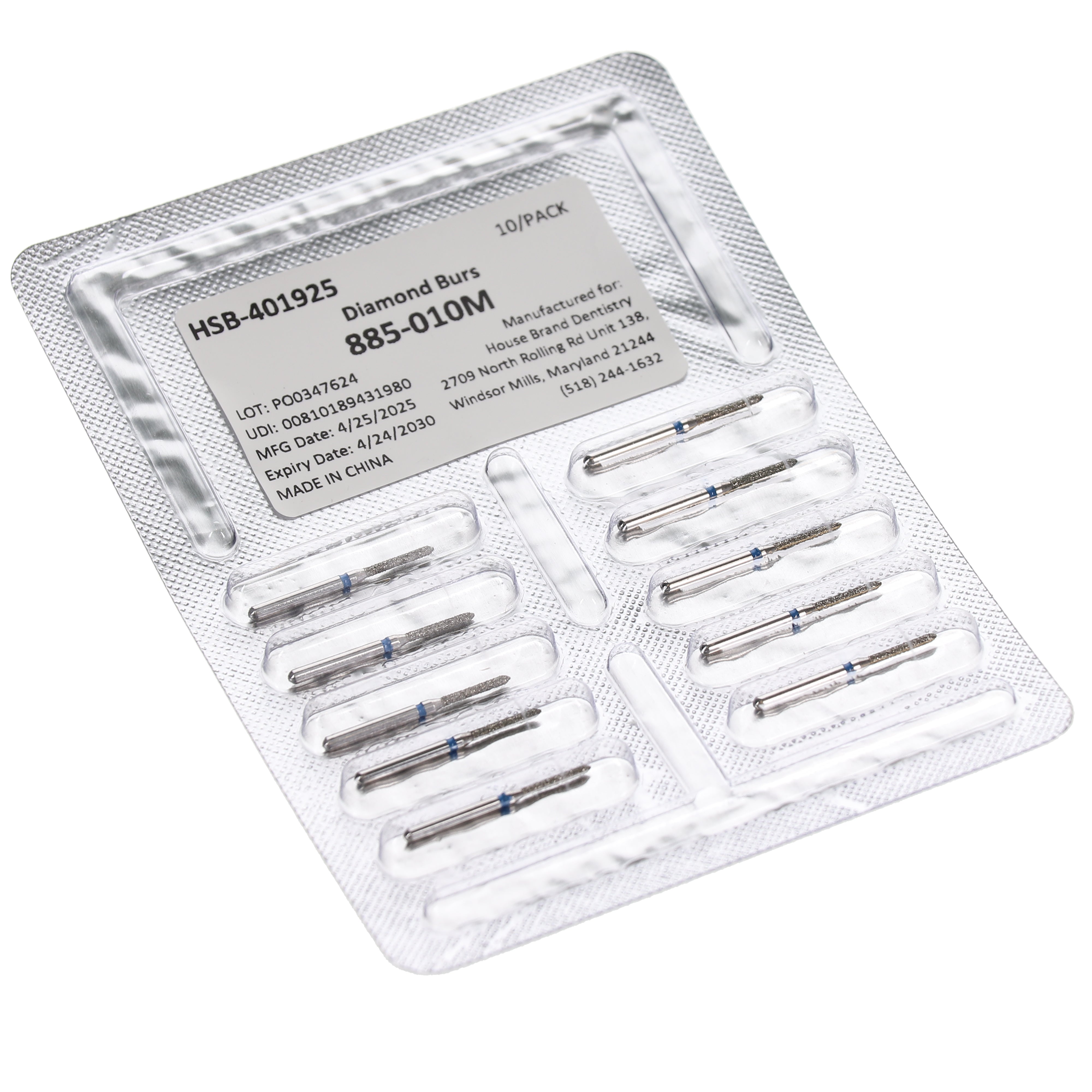 House Brand Dentistry 401925 HSB FG 885-010M Beveled Cylinder Medium Grit Diamond Burs 10/Pk