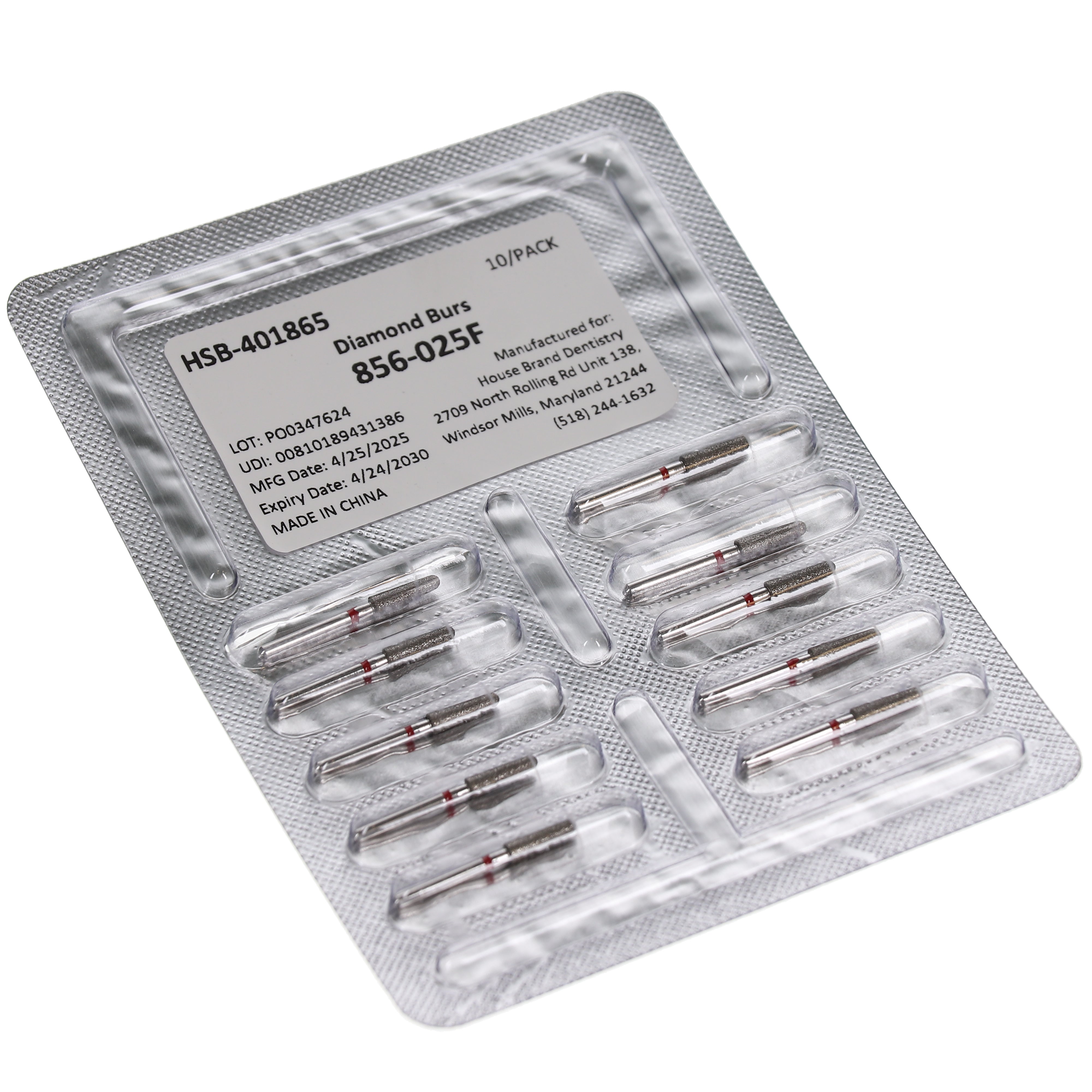 House Brand Dentistry 401865 HSB FG 856-025F Round End Taper Fine Grit Diamond Burs 10/Pk