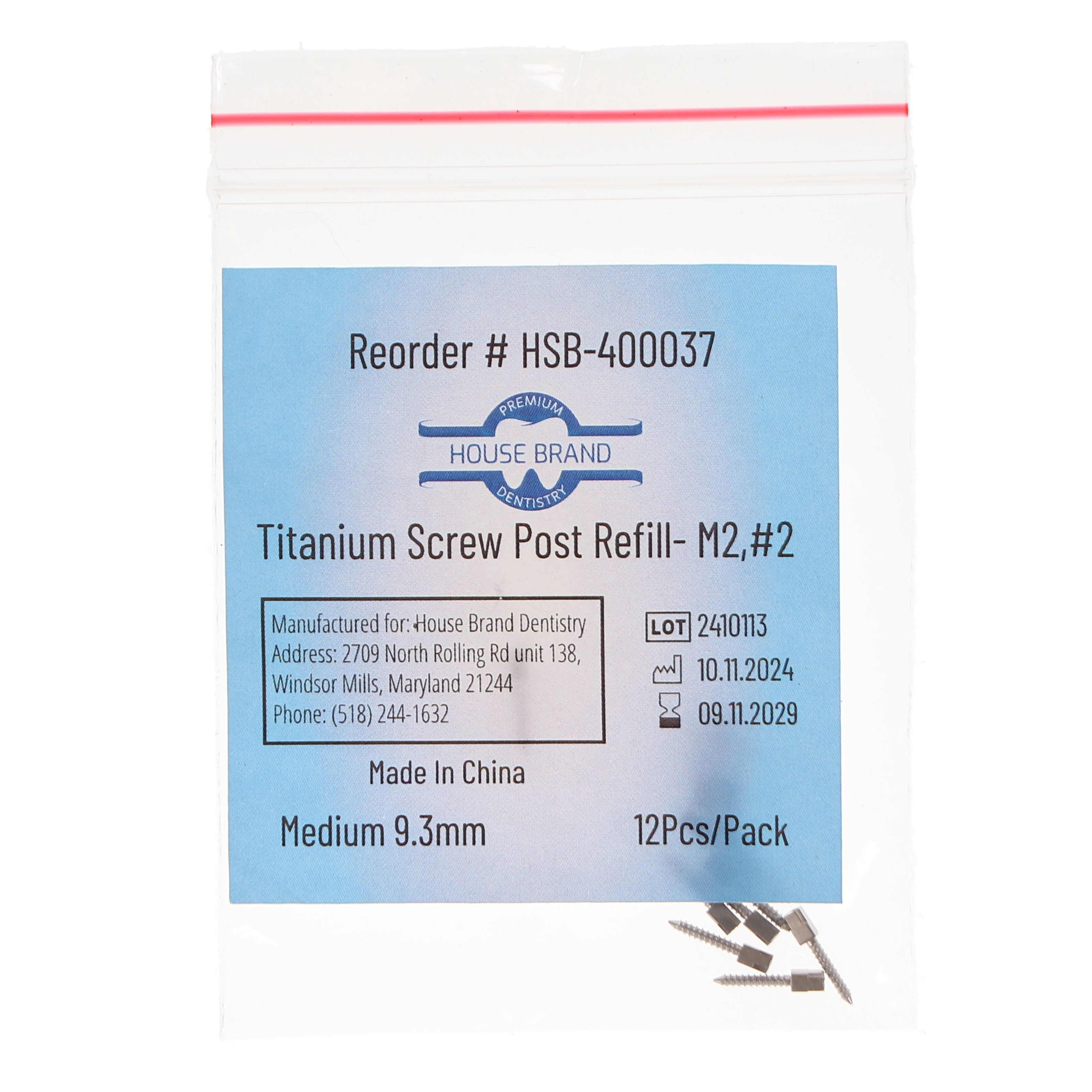House Brand Dentistry 400037 HSB Titanium Screw Posts M2 #2 Medium 9.3mm 12/Pk