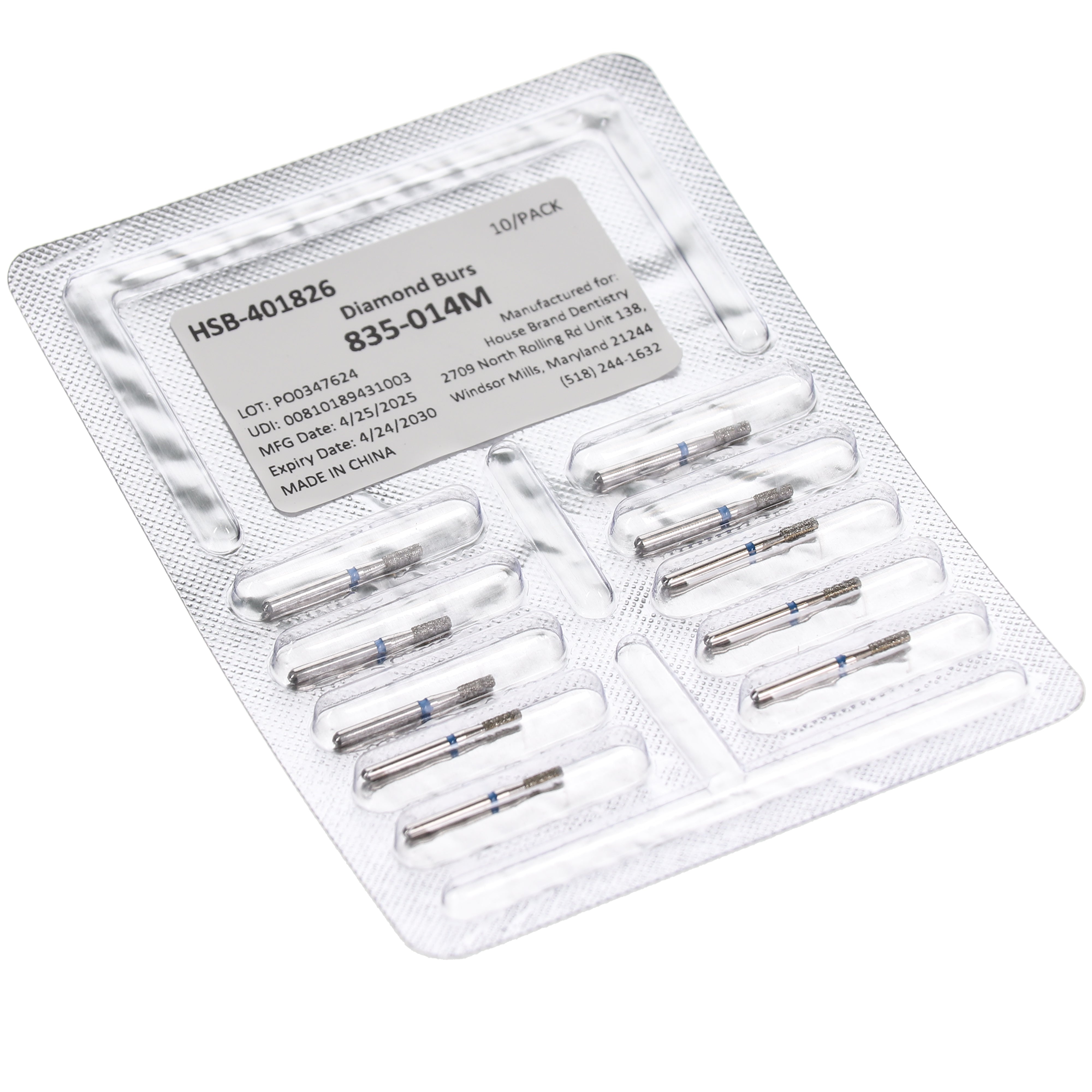 House Brand Dentistry 401826 HSB FG 835-014M Flat End Cylinder Medium Grit Diamond Burs 10/Pk
