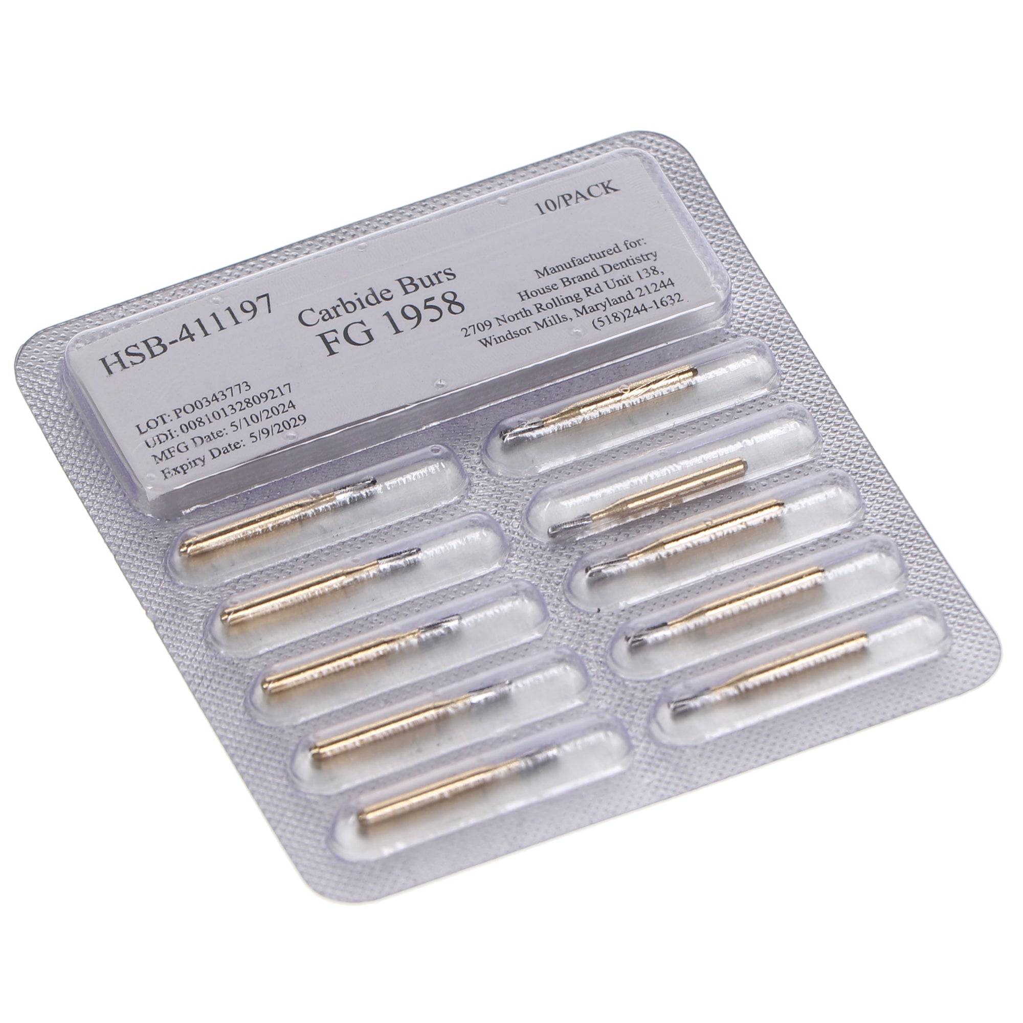 House Brand Dentistry 411197 HSB #1958 Straight Dome Plain Fine Trimming & Finishing Carbide Burs 10/Pk