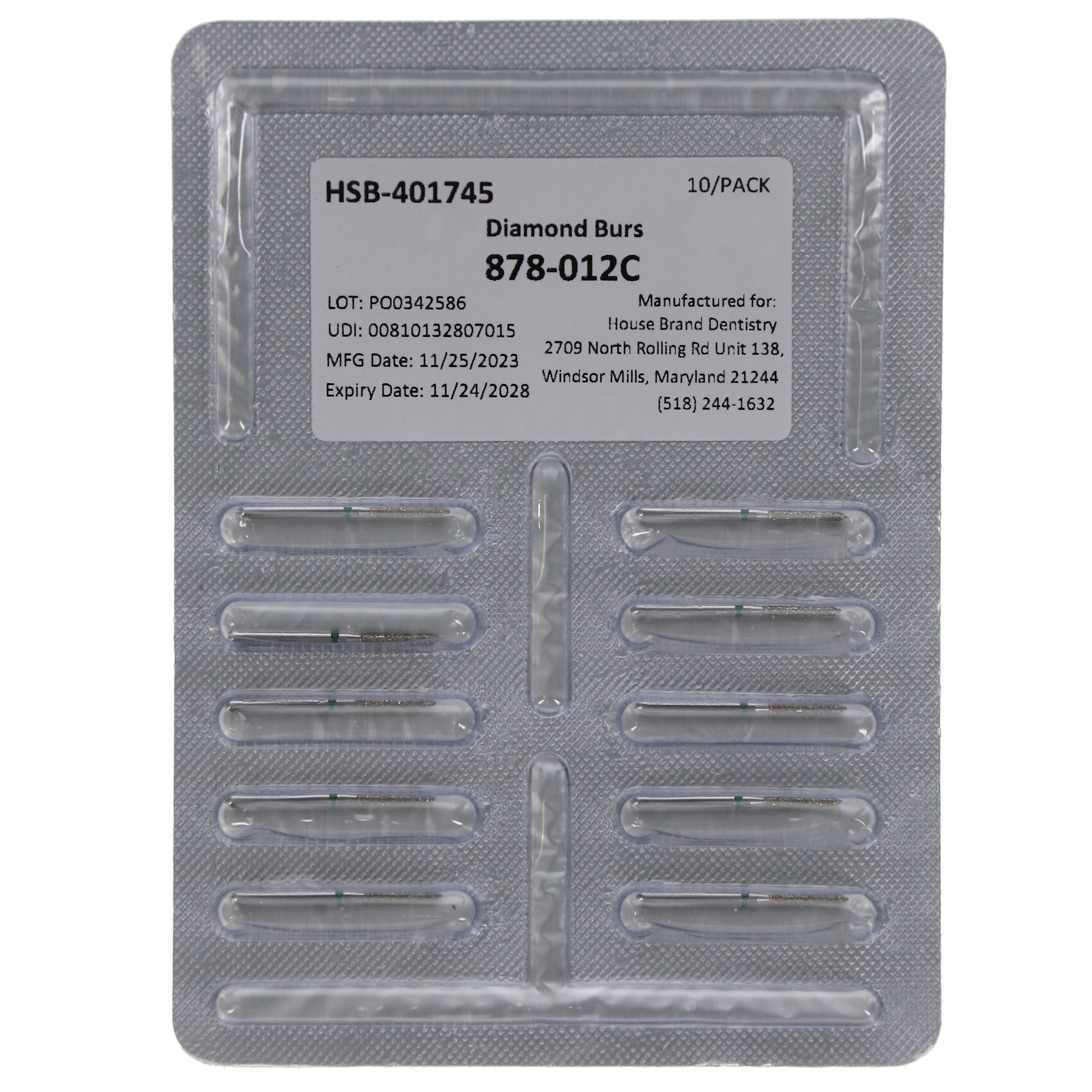 House Brand Dentistry 401745 HSB FG 878-012C Beveled Cylinder Coarse Grit Diamond Burs 10/Pk