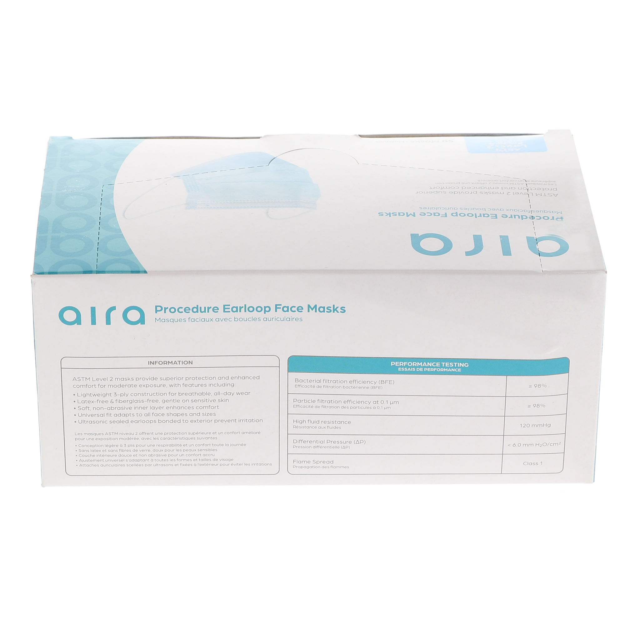 Aira 109120 Earloop 3-Ply Face Masks ASTM Level 2 Blue 50/Bx