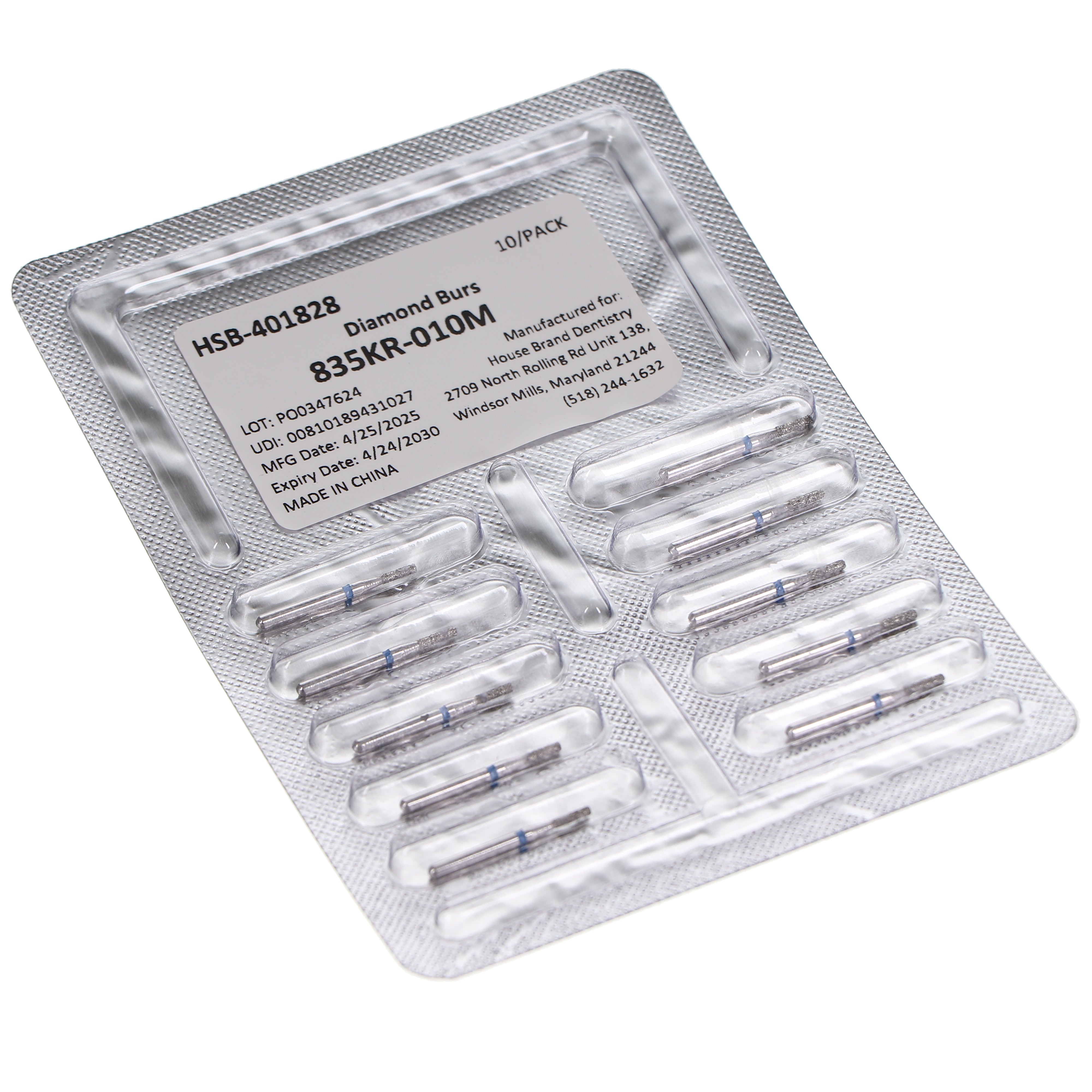House Brand Dentistry 401828 HSB FG 835KR-010M Modified Cylinder Medium Grit Diamond Burs 10/Pk